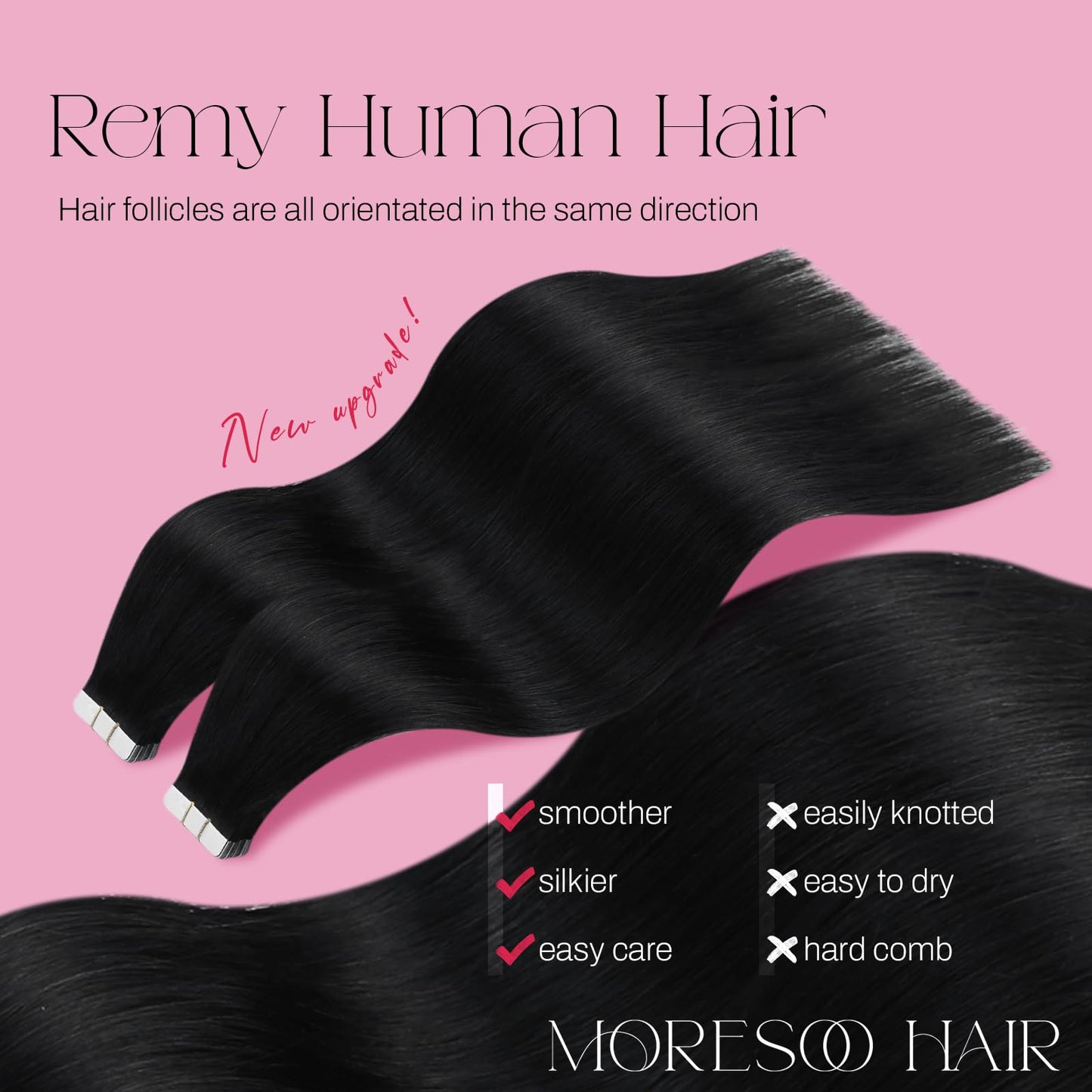 Moresoo Black Tape Hair Extensions 16 Inch Real Hair Tape in Extensions Jet Black Human Hair Extensions Glue in Remy Fashion Hair 20Pcs/50g #1