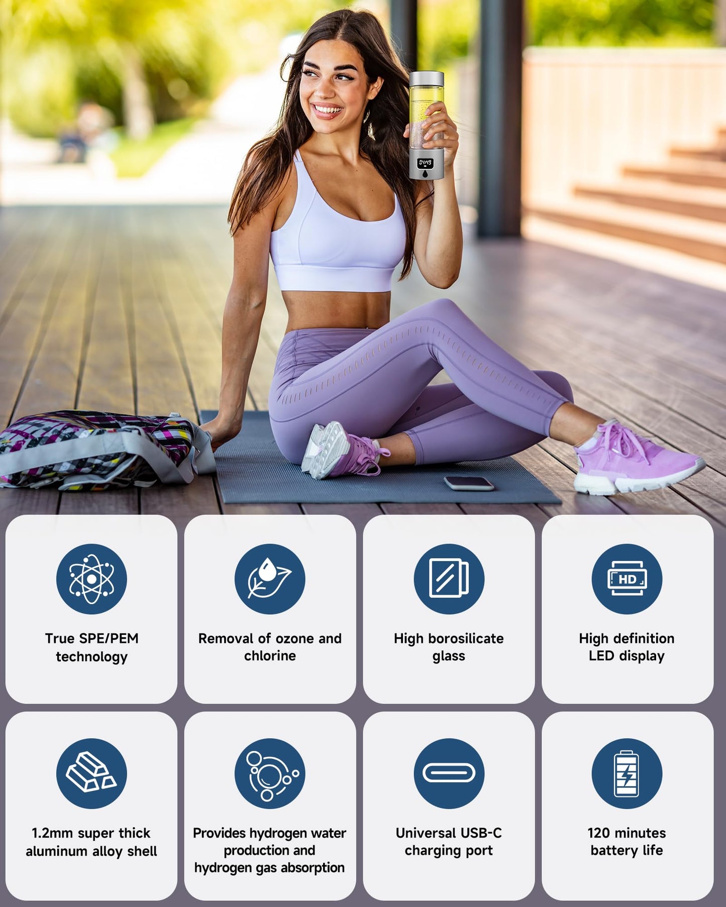 Hydrogen Water Bottle - Portable, Rechargeable, LED Timer, Aluminum and Glass, 5000 PPB Hydrogen in 10 Minutes, 340ml Capacity, FDA Certification, for Travel, Sports, Home, Office(Grey)