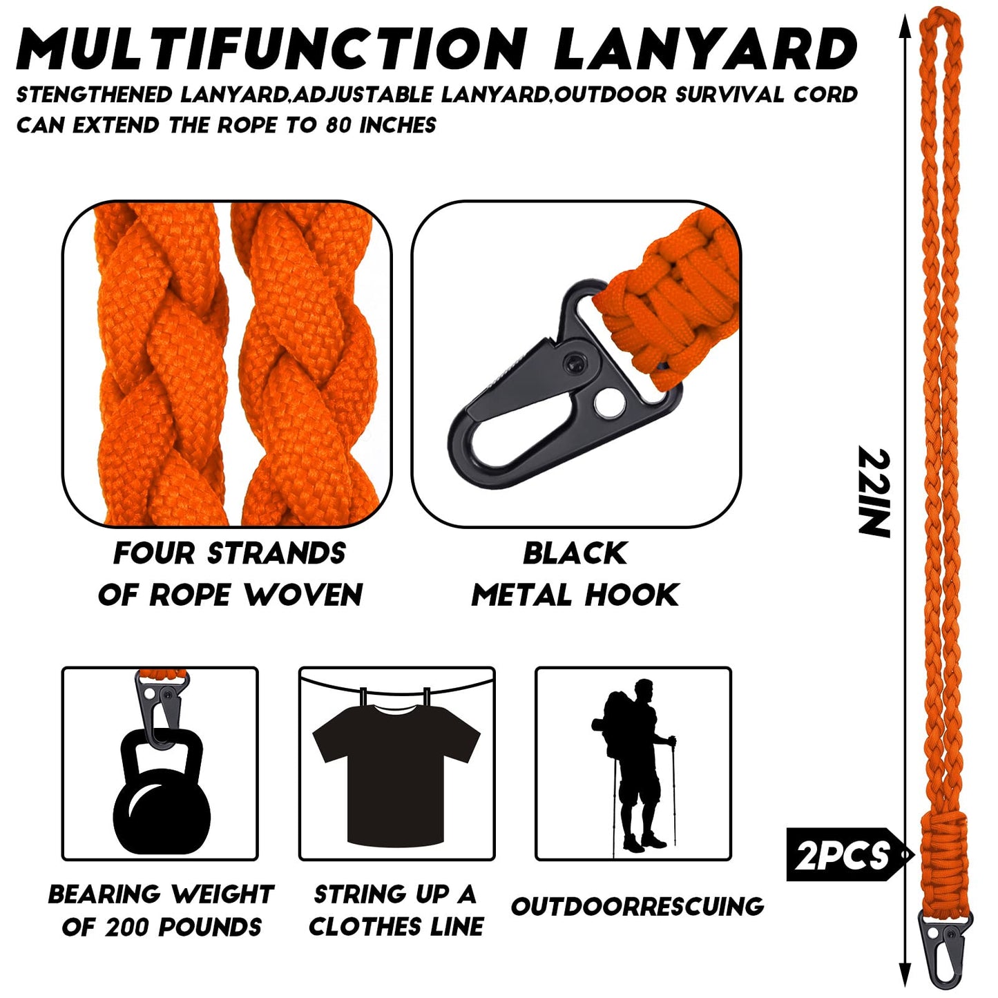 Frienda 2 Set Heavy Duty Paracord Lanyard Necklace Whistles Strap Braided 550 Keychain Lanyard for Outdoor Activities (Orange)
