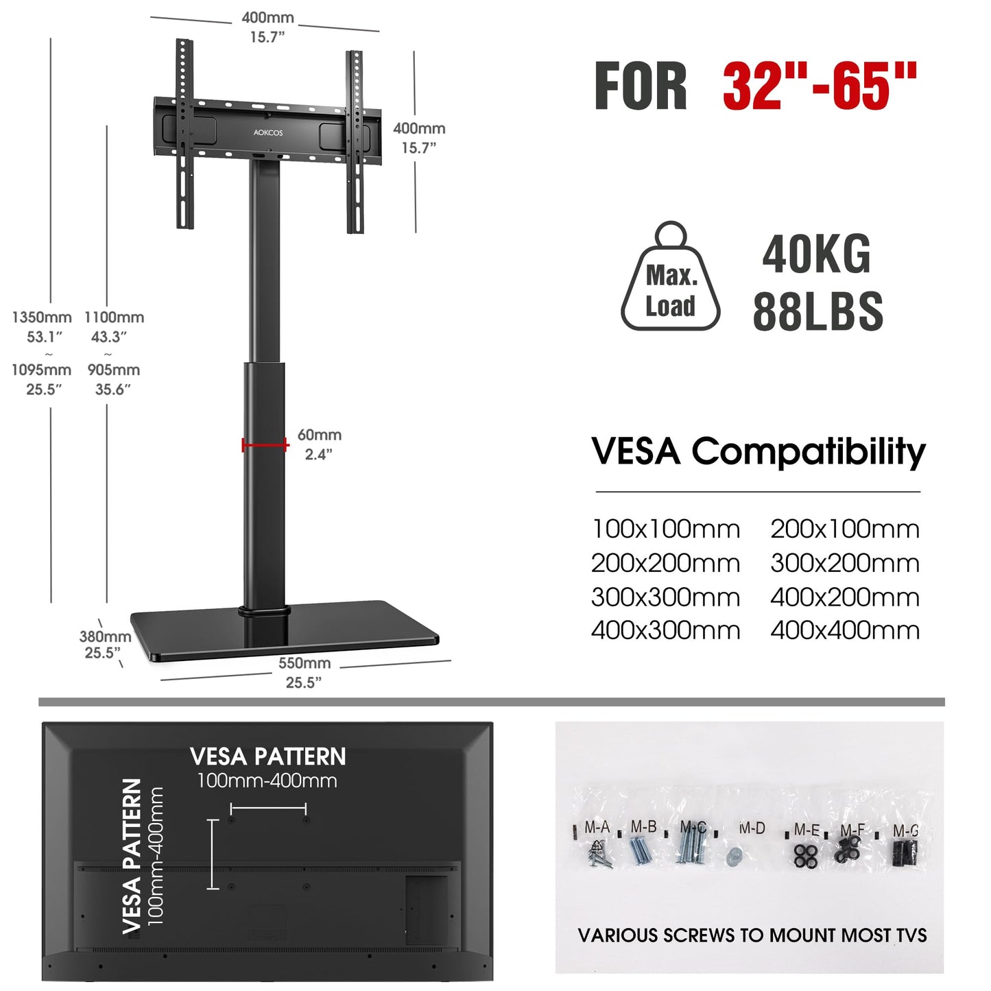 AOKCOS Swivel TV Floor Stand for 32-65 Inches TVs, 8 Level Height Adjustable Corner Small TV Stand Mount for Living Room/Bedroom, Holds up to 88 lbs,MAX VESA 400x400mm,Black