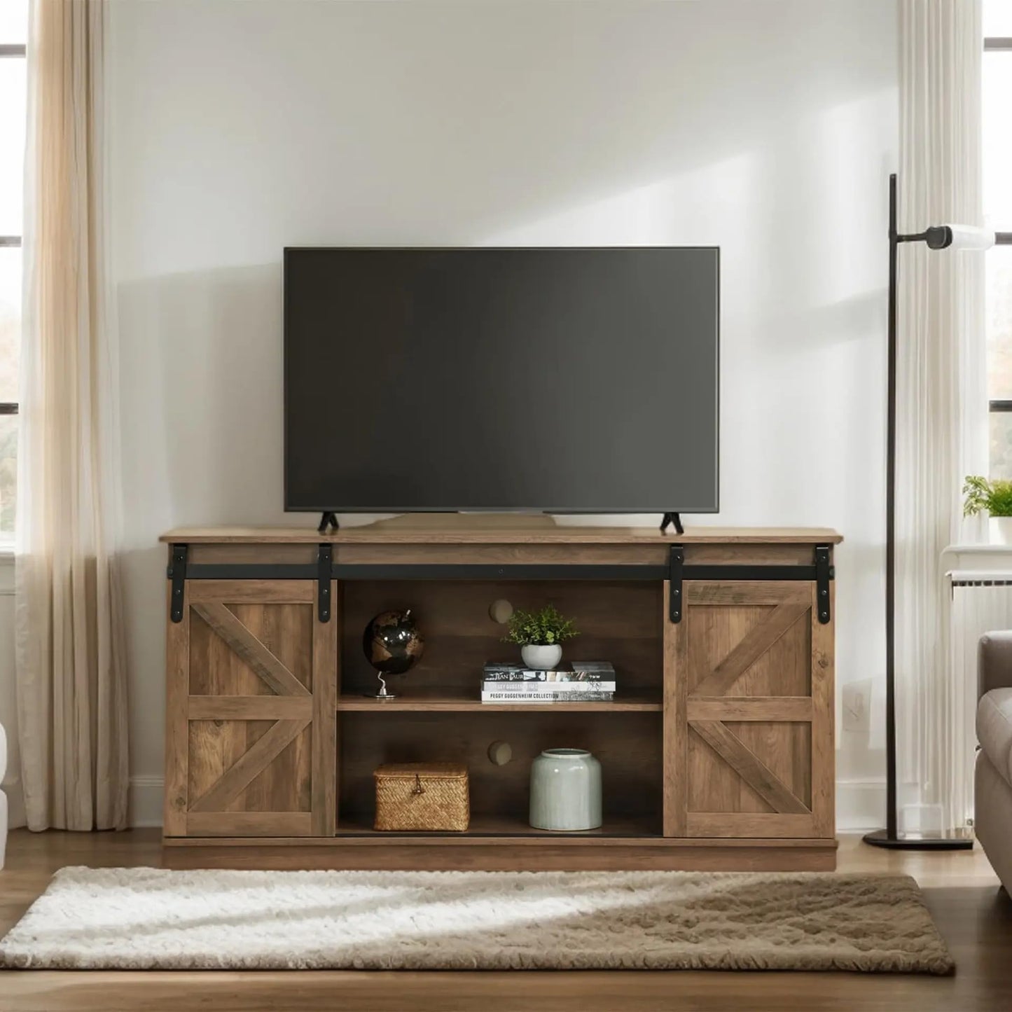 SANODESK 58" Farmhouse TV Stand and Entertainment Center for Televisions up to 65 Inchs,with Sliding Barn Doors and Storage Cabinets,Natural Brown