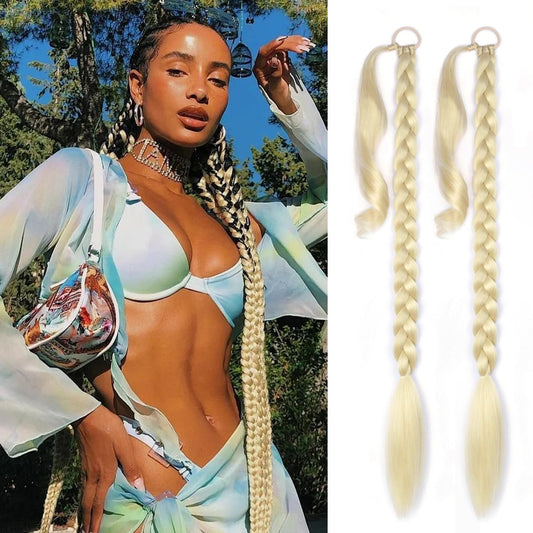 LyoRuSi 2 Pack Long Braided Ponytail Extension with Hair Tie Straight Wrap Around Braided Ponytail Extension(613#)