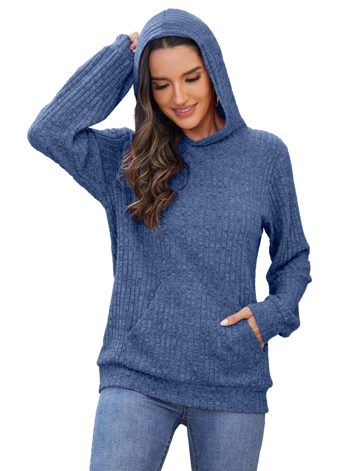 Balivsa Sweaters for Women Long Sleeve Tops Loose Fit Fashion Sweatshirts Business Casual Outfits for Women Winter Fashion Blue Medium