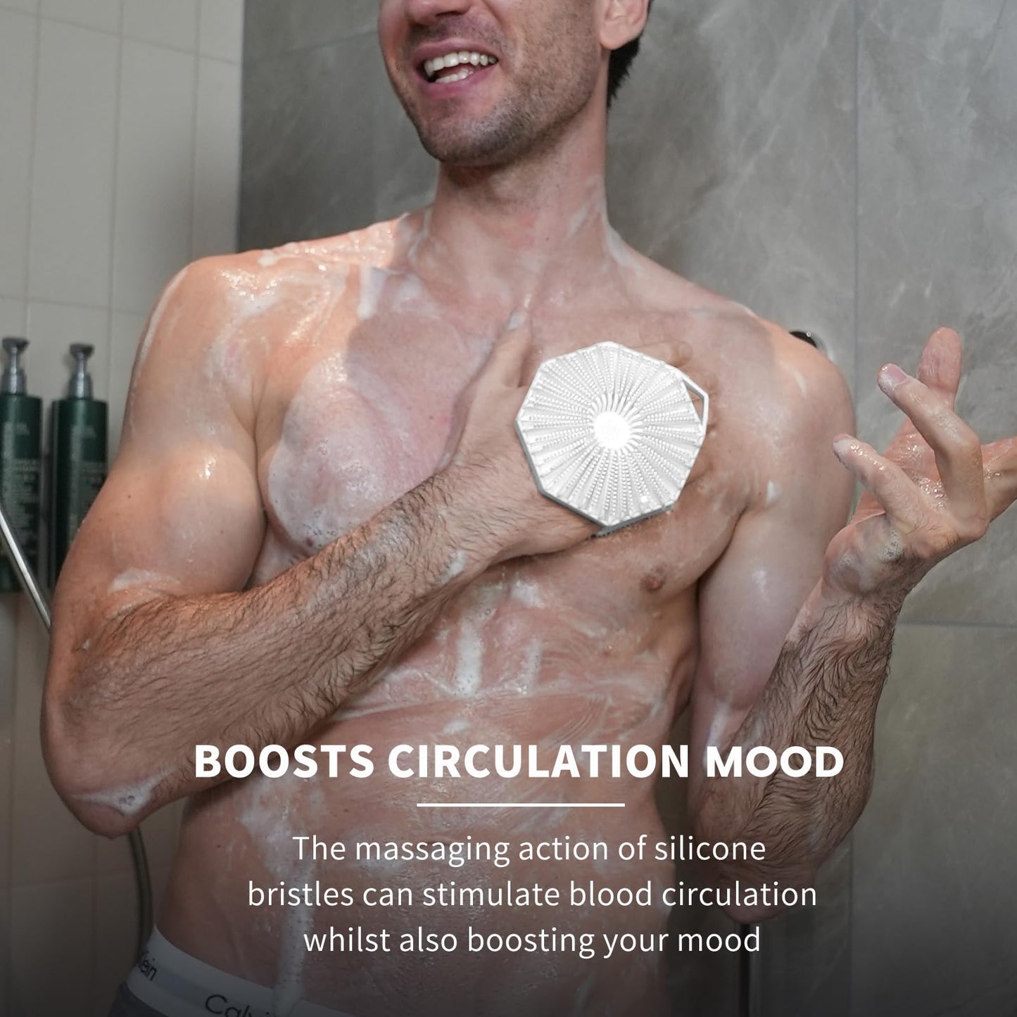 iTokGoK® Premium Silver-Infused Double-Sided Design 2-in-1 Silicone Body Scrubber for Men,Body Buffer Scrubber for Sensitive Skin, Ergonomic No-Slip Handle, Long-Lasting & Easy to Clean - White