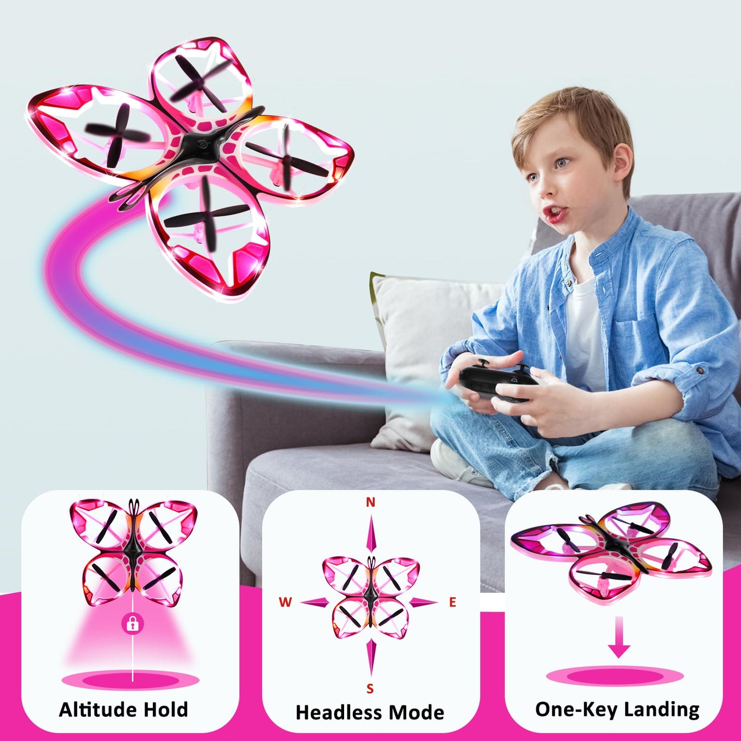 Authticar Kids Mini Drone - RC Butterfly Drone for Beginners with Colorful Light, 3D Flip, Headless Mode, Altitude Hold, Remote Control Quadcopter Gift for Age 6-14 Boys & Girls