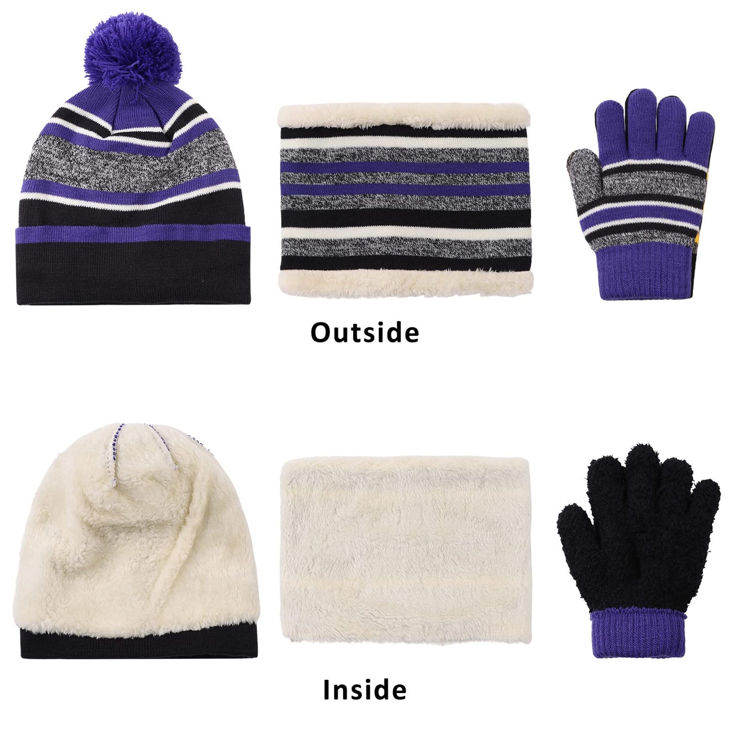 Winter Kids Hat Scarf Glove Set Knit Fleece Lined Beanie Neck Warmer Mittens for Toddler Boys Girls 3-8 Years(Deep Purple)