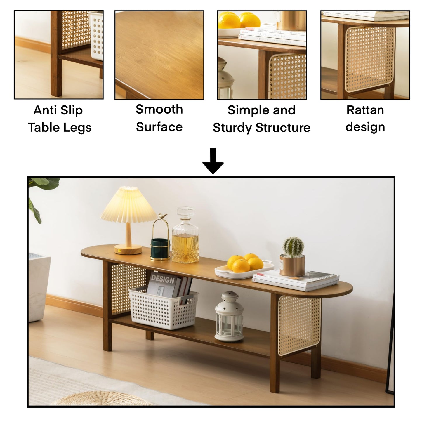 Mordchil HF Bamboo TV Stand for TVs up to 65", Accent Entertainment Center with Storage, Media Console Table with Rattan, Modern TV Stand for Living Room, Bedroom, 55"(L), Walnut