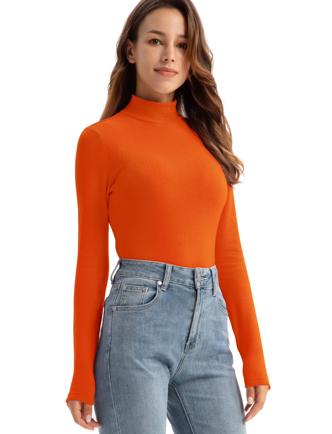 Thermal Mock Neck Women Tops(Orange,M)