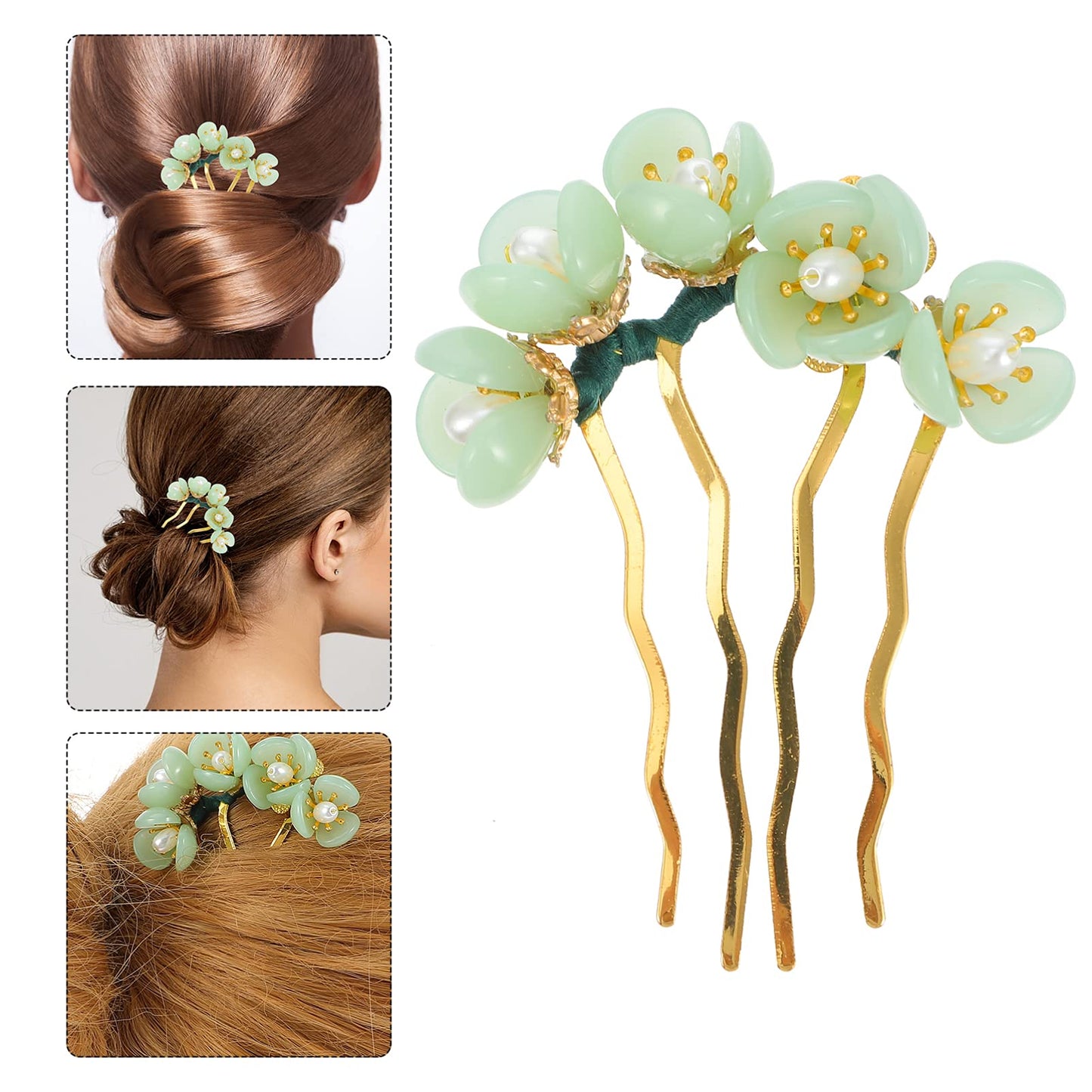 Beaupretty Jade Flower Hair Pin Chinese Hair Stick Jade Hairpin Retro Chignon Pin Traditional Classical Flower Hair Chopstick Hair Styling Accessories for Women Girls (Green)