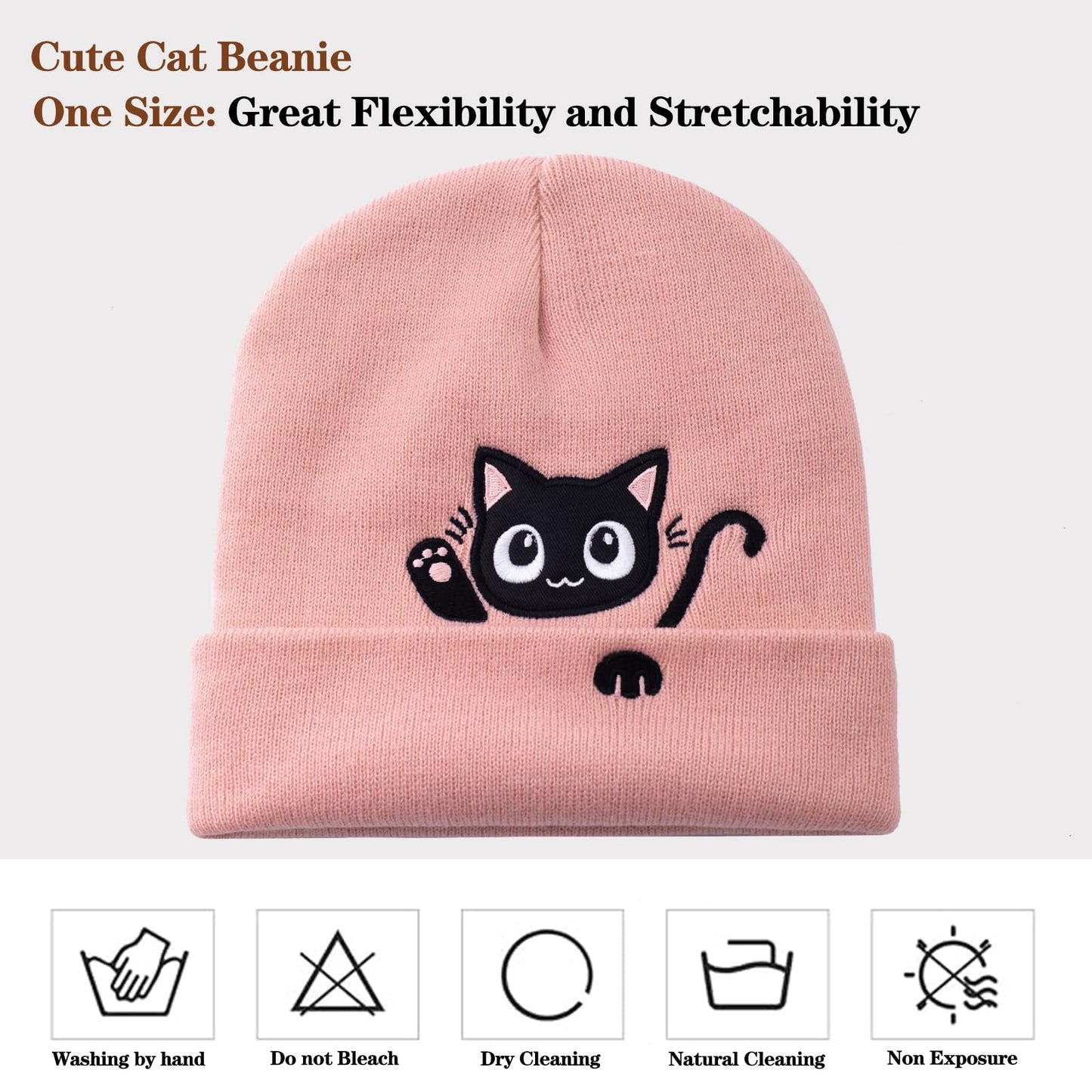 Cat Beanie Hats for Women Cute Cat Lovers Gifts Women's Winter Animal Knitted Hats for Girls (US, Alpha, One Size, Black)