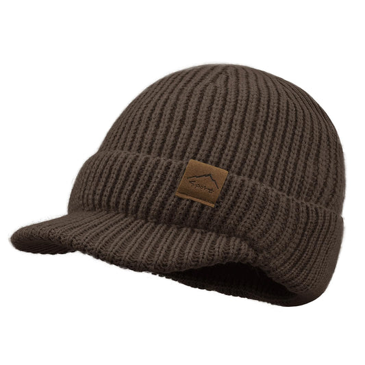 Croogo Winter Men Hat Knit Cable Visor Beanie with Fleece Lining Newsboy Cap with Brim for Outdoor Sport Beanies,Brown-DNBC1