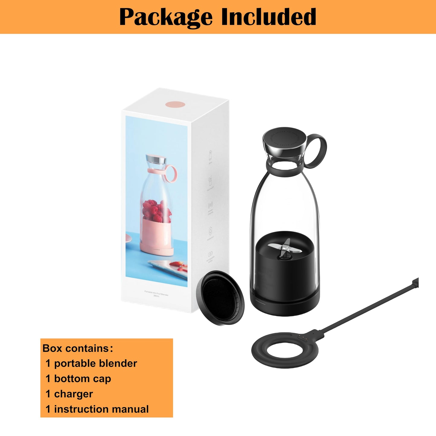 OTPEIR Portable Blender for Shakes and Smoothies with 11.83 Oz Travel Cup and Lid,Durable Stainless Steel Blades for Juice Blending Performance, Black