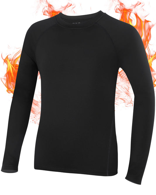 Roadbox Youth Boys Thermal Compression Shirt - Athletic Long Sleeve Fleece Undershirts for Kids Football Baseball Soccer Baselayer Black