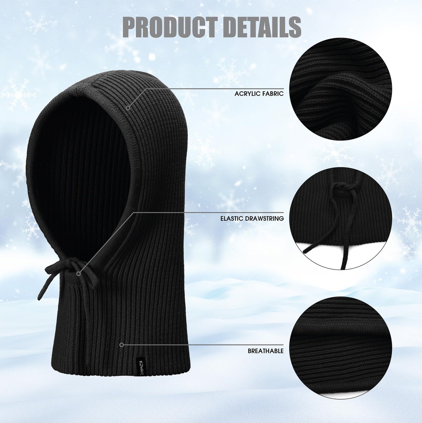 KDWAVE Knit Winter Hat for Women Men, Knitted Hood Balaclava Warm Beanie Hats Neck Ribbed Balaclavas with Drawstring, Black