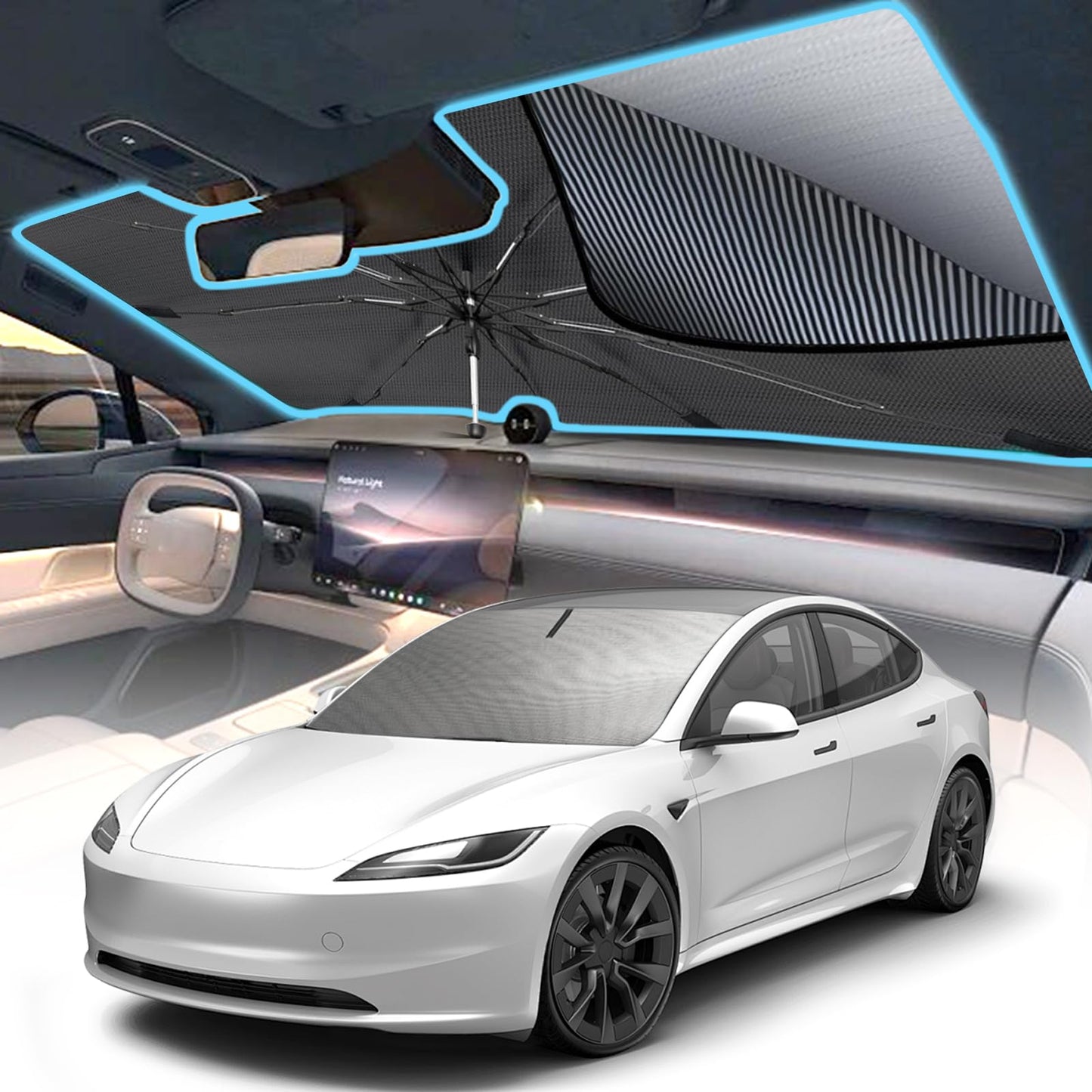 [2025 Upgrade] Windshield Sun Shade Umbrella, Foldable Car Sun Shade with Vinyl Coating Heat Shield UV Ray Reflector Keeps Cool and Protect Interior, for Auto Trucks Sedan SUV (57" x 31")