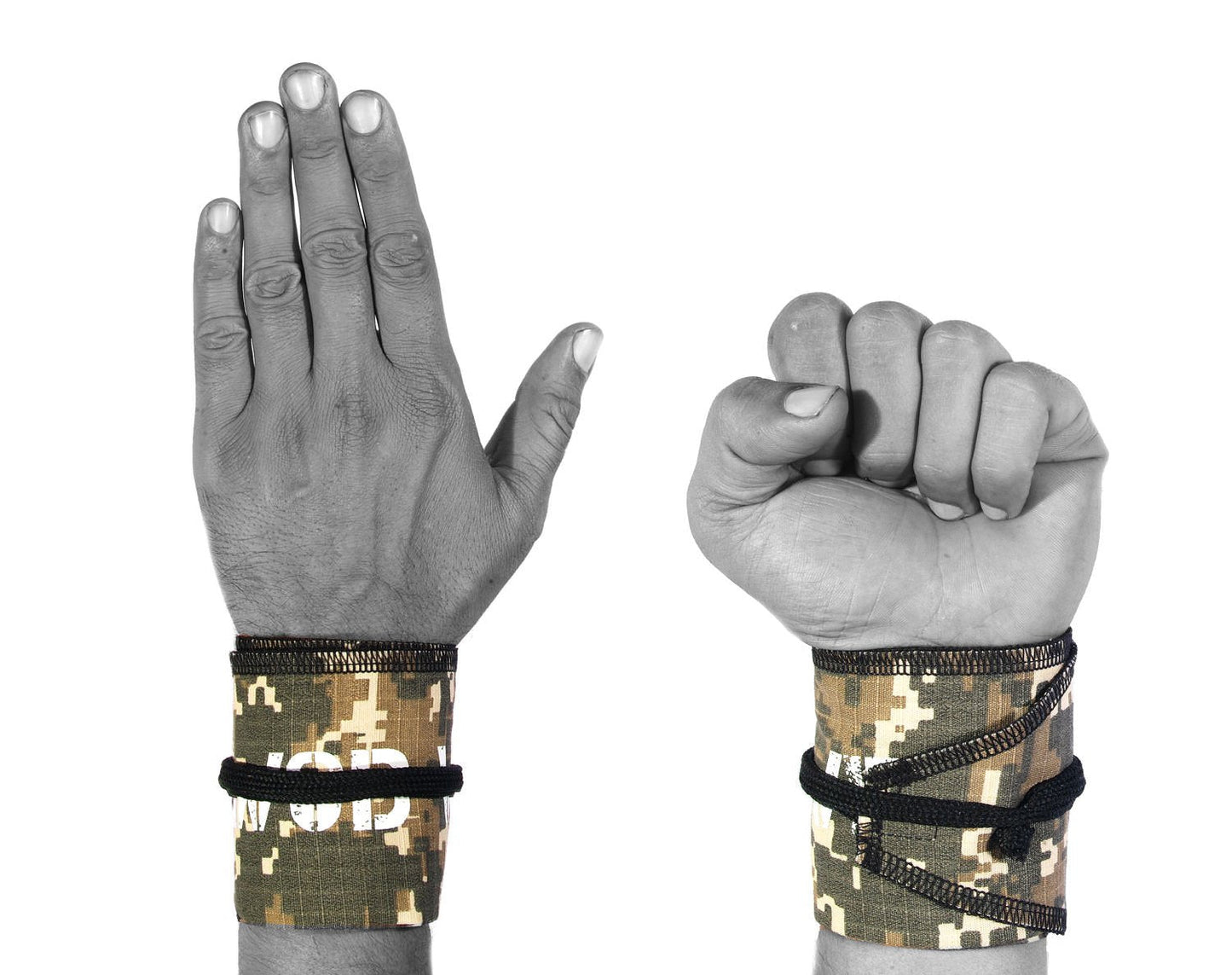 WOD Wear Wrist Wraps for Powerlifting, Strength Training, Bodybuilding, Cross Training, Olympic Weightlifting, Yoga Support - One Size Fits All (Camo/Black Stitch)