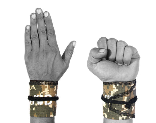 WOD Wear Wrist Wraps for Powerlifting, Strength Training, Bodybuilding, Cross Training, Olympic Weightlifting, Yoga Support - One Size Fits All (Camo/Black Stitch)