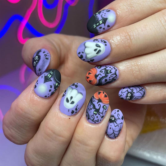 Halloween Press on Nails Medium Almond Fake Nails Purple Glue on Nails Cute Bat and Ghost Pattern Design Full Cover Stick on Nails Glossy Acrylic Halloween Nails Press ons for Women Girls 24 Pcs