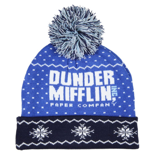 Culturefly The Office Dunder Mifflin Paper Company Fairisle Cuff Knit Pom Beanie Hat Blue
