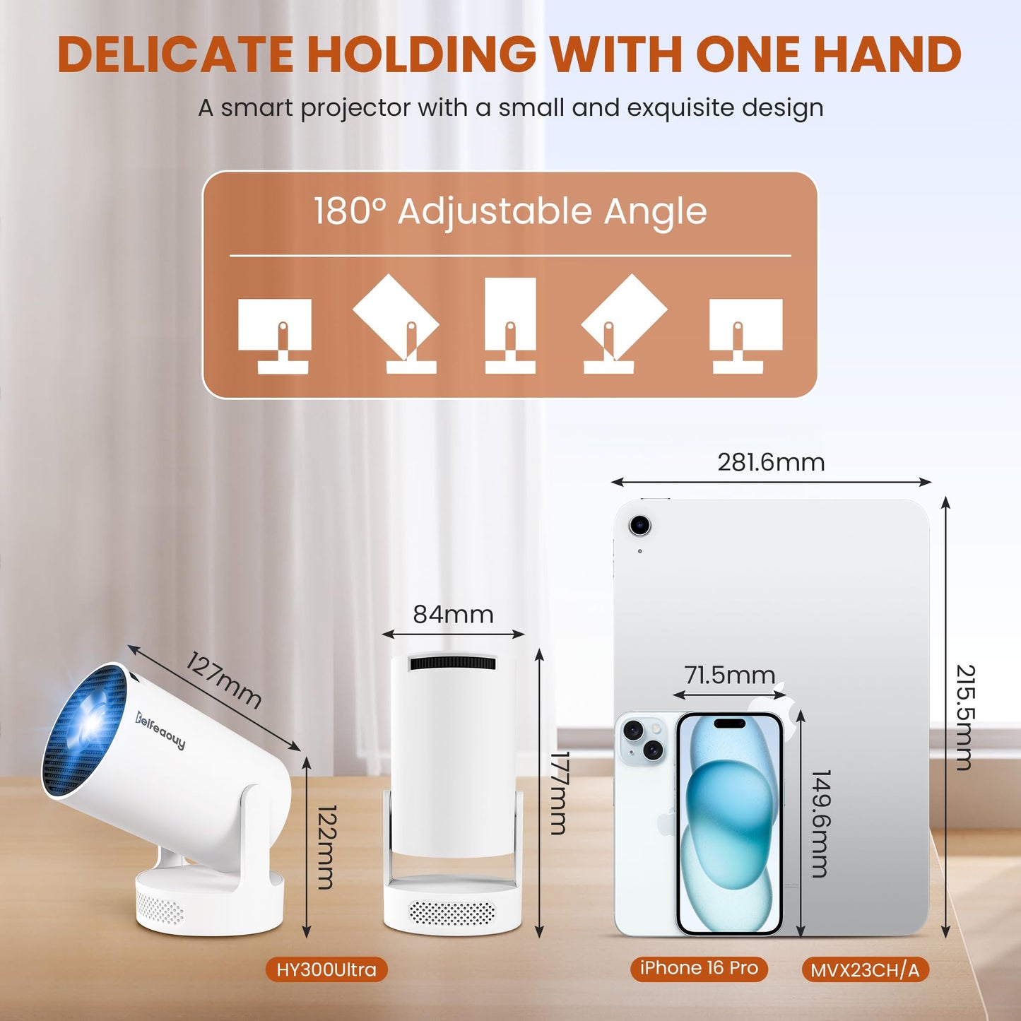 Mini Projector 4K with WiFi Bluetooth 5.4 - Smart Portable Projector for Bedroom & Home Cinema, Netflix Certified, Auto Keystone, Android 11, Voice Control, Air Mouse Remote (HY300Ultra)