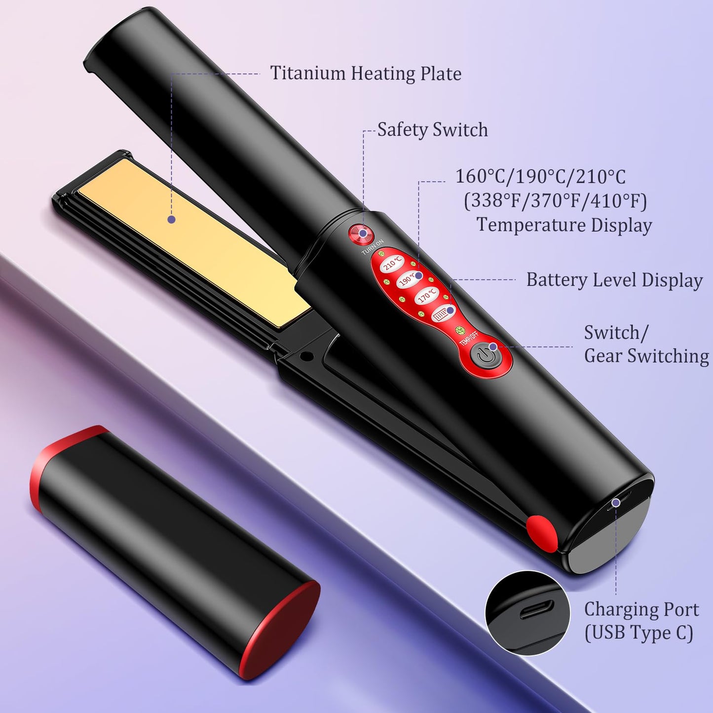 Cordless Titanium Hair Straightener and Curler, Mini Portable USB Rechargeable Fast Heat Up Flat Iron with 5V/5000mAh Battery, Anti-Scald 3-Level for Swift, Smooth and Glossy Hair, Travel Size (Black)