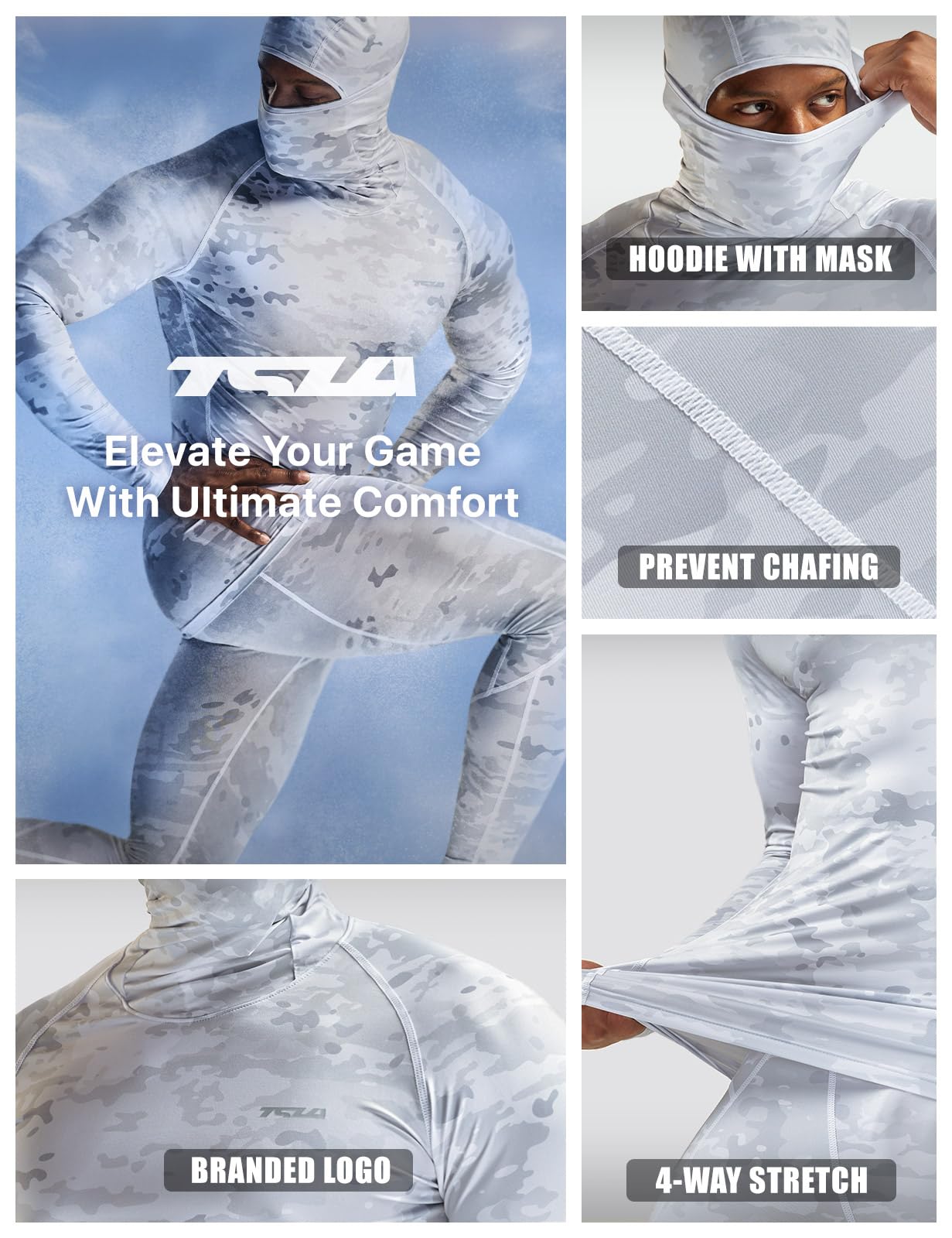 TSLA Men's Long Sleeve Workout Shirts Hoodie with Mask, UPF 50+ Cool Dry Fit Sports Compression Shirts, Hyper Control Print Winter Utility Camo, XX-Large