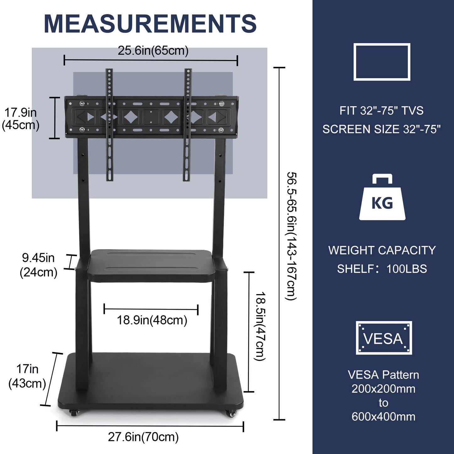 Maiproo Rolling TV Stand with Wheels for 32-75 Inch Heavy-Duty Mobile TV Cart LCD LED OLED Flat Panel Screens Smartboard Holds up to 100lbs Portable TV Stand on Wheels with Shelf Height Ajustable