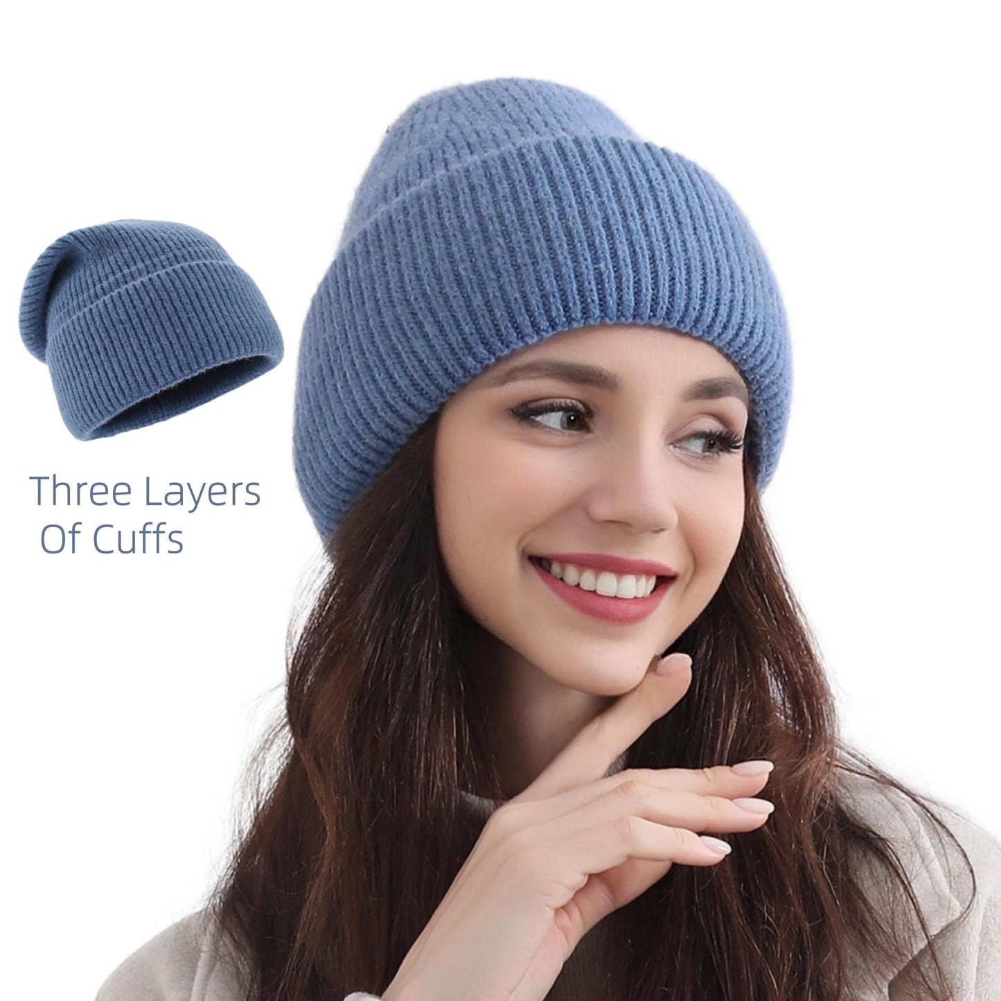 Three Layers of Cuffs Knit Blue Beanie Hats for Women Man Warm Winter Beanie Hat Women Hat Ski Hat Cap (Blue)