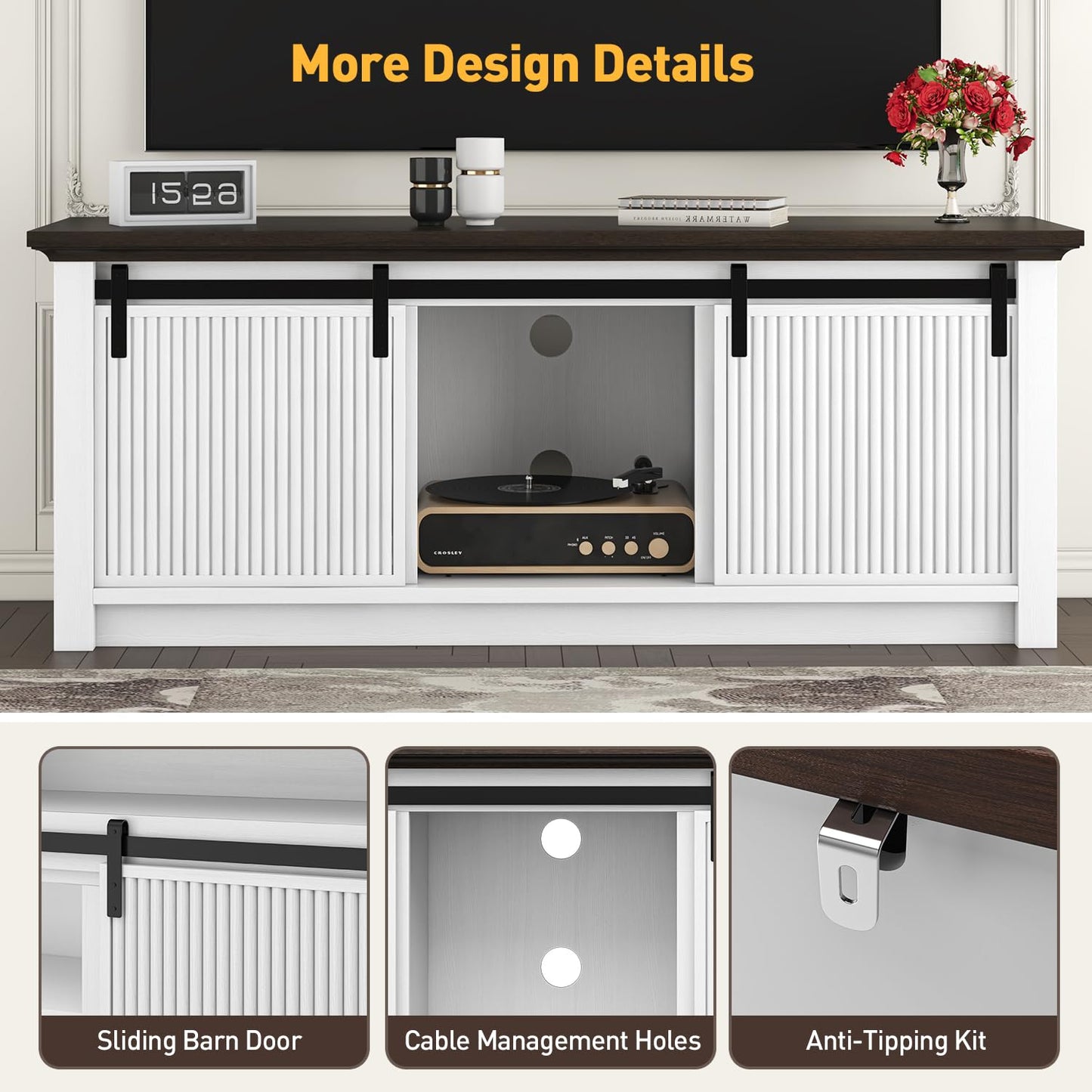 Fluted TV Stand for 60 Inch TV, 21" Tall Entertainment Center with Sliding Door and Storage Cabinets, Modern Media Console for Bedroom & Living Room, Television Stand for 55, 50", White