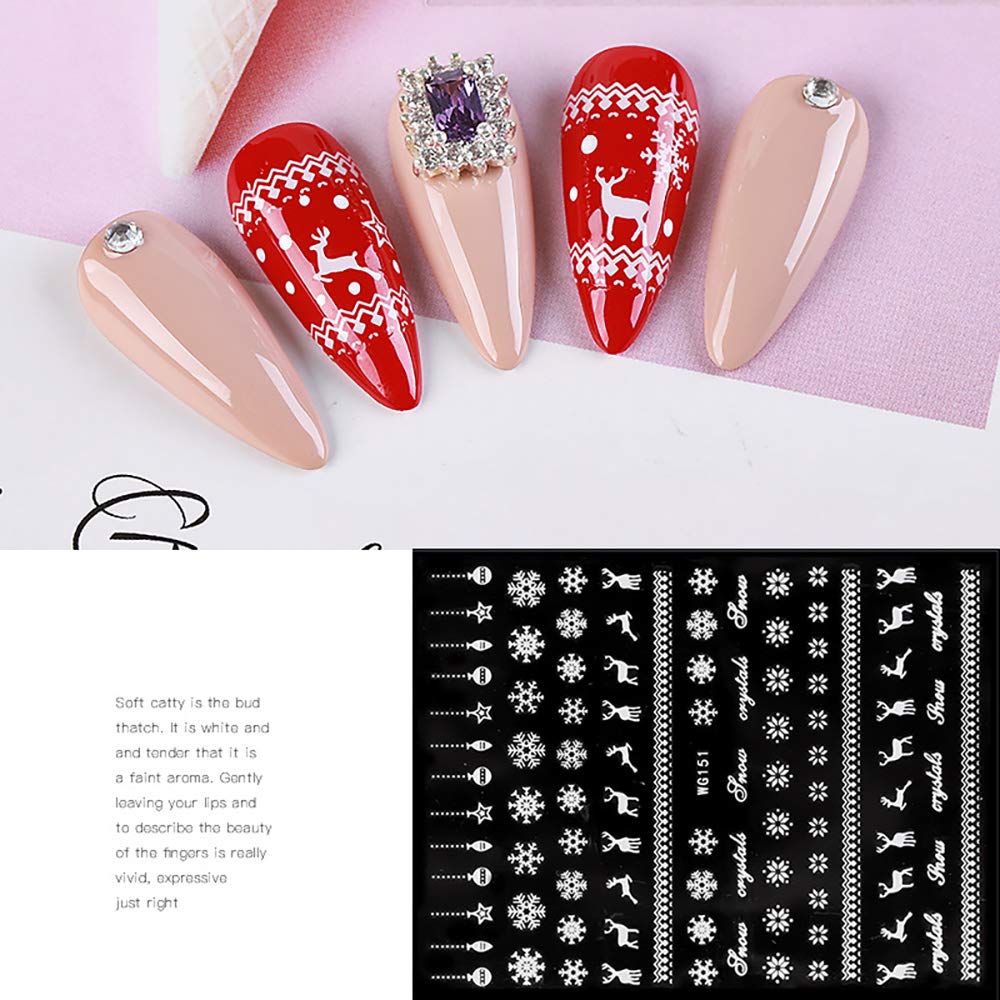 Christmas Nail Stickers - 3D White Self-Adhesive Snowflake Nail Art Decals Snowflakes Snowmen Santa Claus Elk Xmas Design Nail Stickers DIY Manicure Decorations for Women Girls Kids