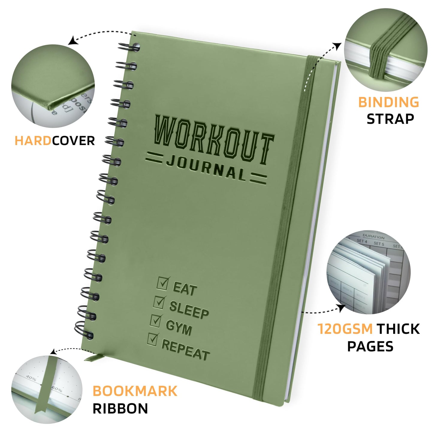 Hardcover Fitness Journal Workout Planner for Men & Women - A5(5.7" x 8.3") Sturdy Workout Log Book to Track Gym & Home Workouts - Green