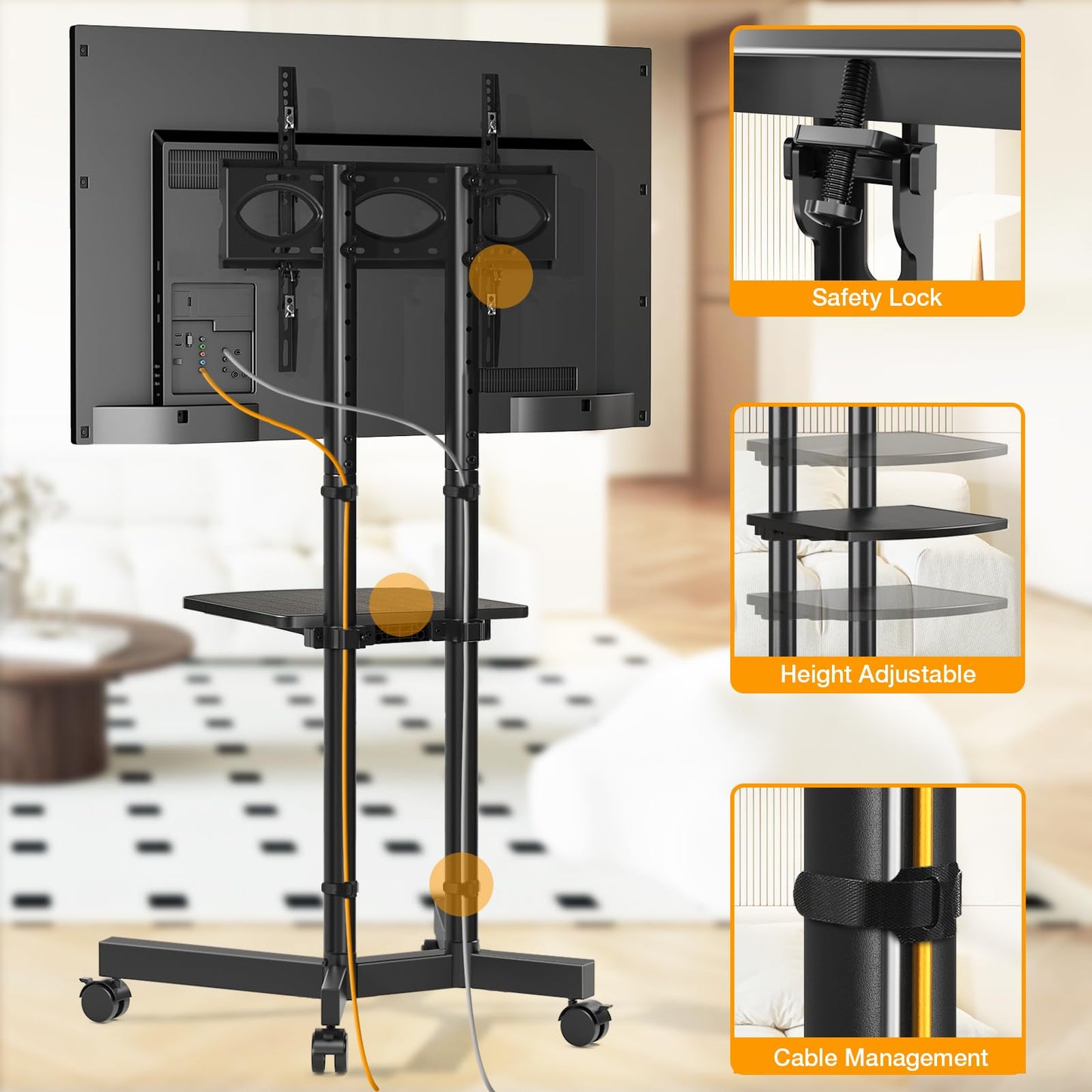 Mobile TV Stand with Upgraded Wheels for 32-75 Inch TVs up to 88 lbs, Height Adjustable Rolling TV Stand with Laptop Shelf, Mobile TV Cart with Heavy Duty Structure for Living Room, Patio, Office