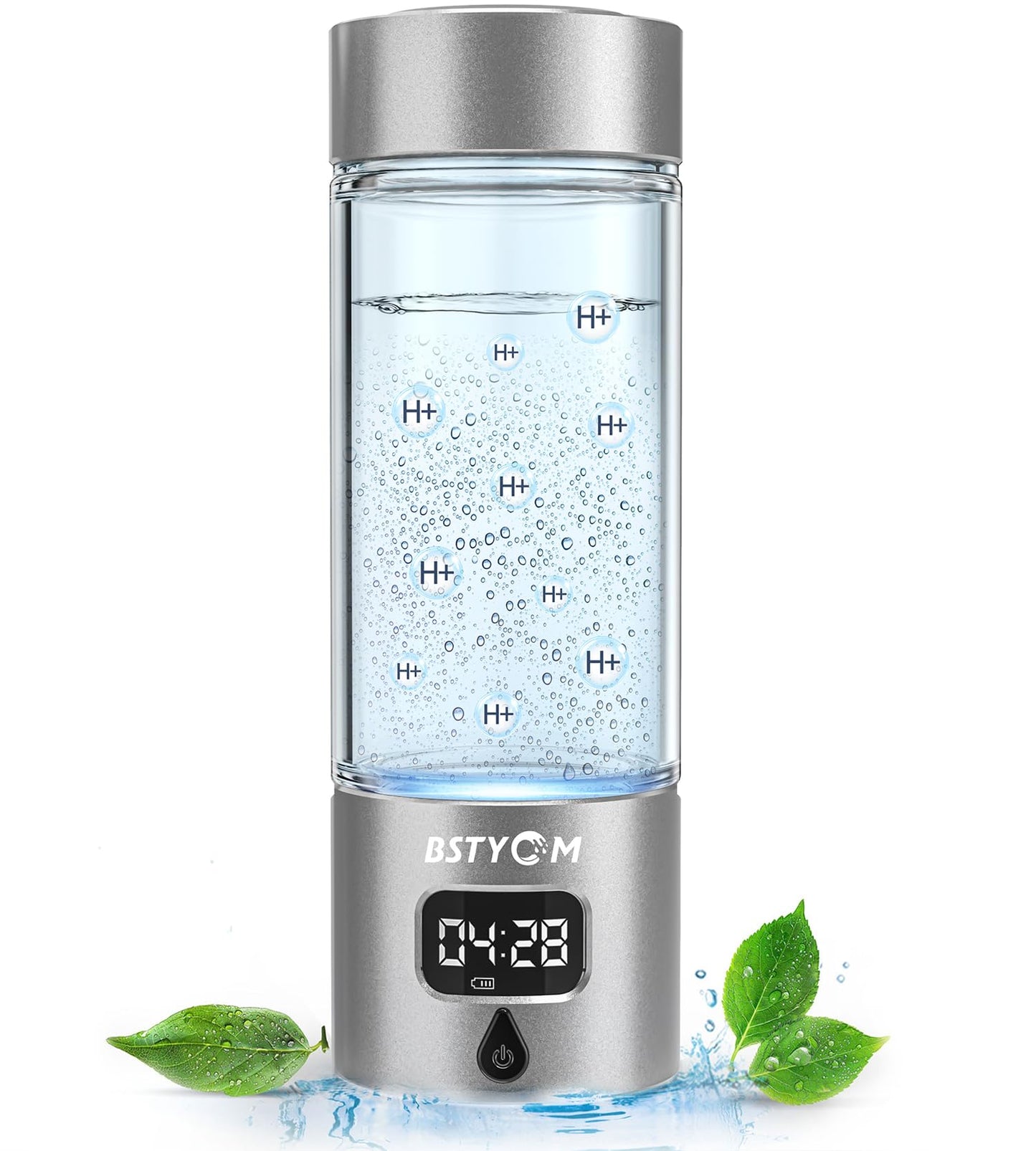 BSTYCM Hydrogen Water Bottle Generator,5000PPB Portable Hydrogen Water Machine with SPE PEM Tech and LED Timer Display,Water Ionizer Machine for Office, Daily Drinking and Outdoor (Silver, 8.4*Φ2.6)
