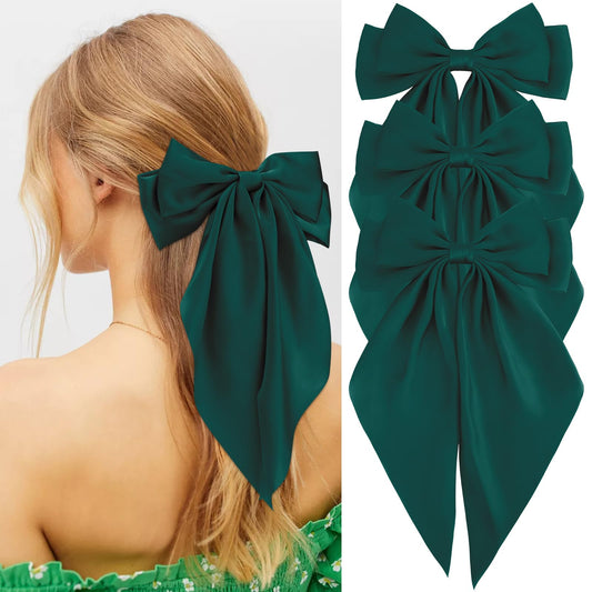 Canitor Dark Green Hair Bows for Women Hair Accessories for Christmas Halloween St. Patrick's Outfit Dress Shirts Barrettes Clip Large Silky Satin Bows