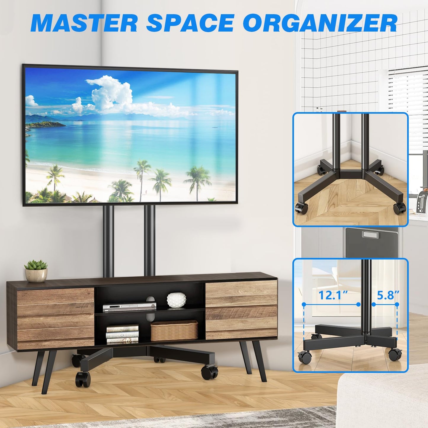 Rfiver Rolling TV Stand for 32-70 Inch TVs, Mobile TV Stand with Upgraded Wheels up to 88lbs, Height Adjustable Mobile TV Cart on Wheel, Portable TV Mount Stand for Bedroom, Living Room, Home, Office