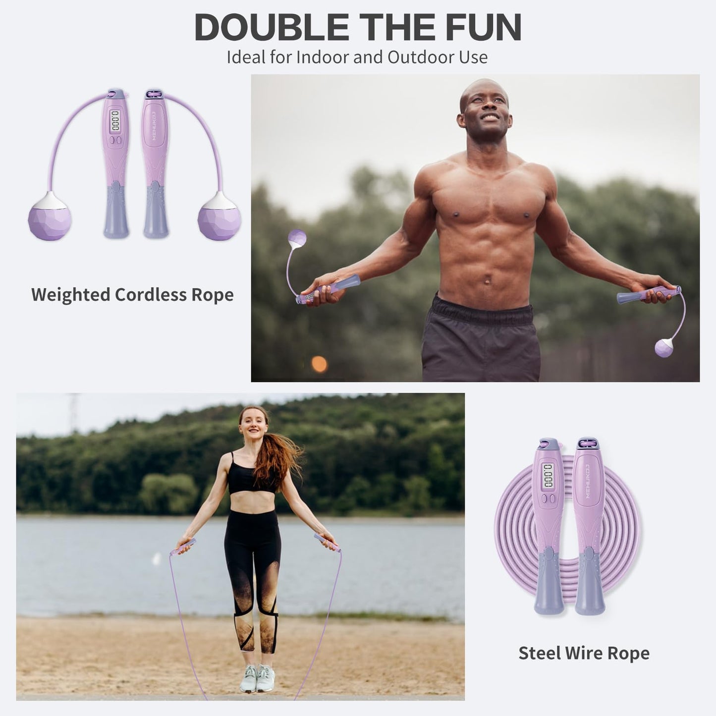 Jump Rope with Counter Cordless Jump Rope Ropeless Skipping Rope for Fitness Training Speed Rope with Digital Handle for Exercises Men, Women and Kids Wireless Skipping Rope Indoor Outdoor (Purple)