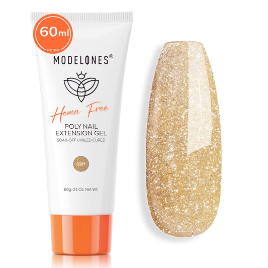 modelones Poly Nail Gel Kit, Hema-Free 60ML Sparkling Gold Gel Nail Enhancement Thickening Diamond Glossy Builder Overlays Home DIY Salon Use