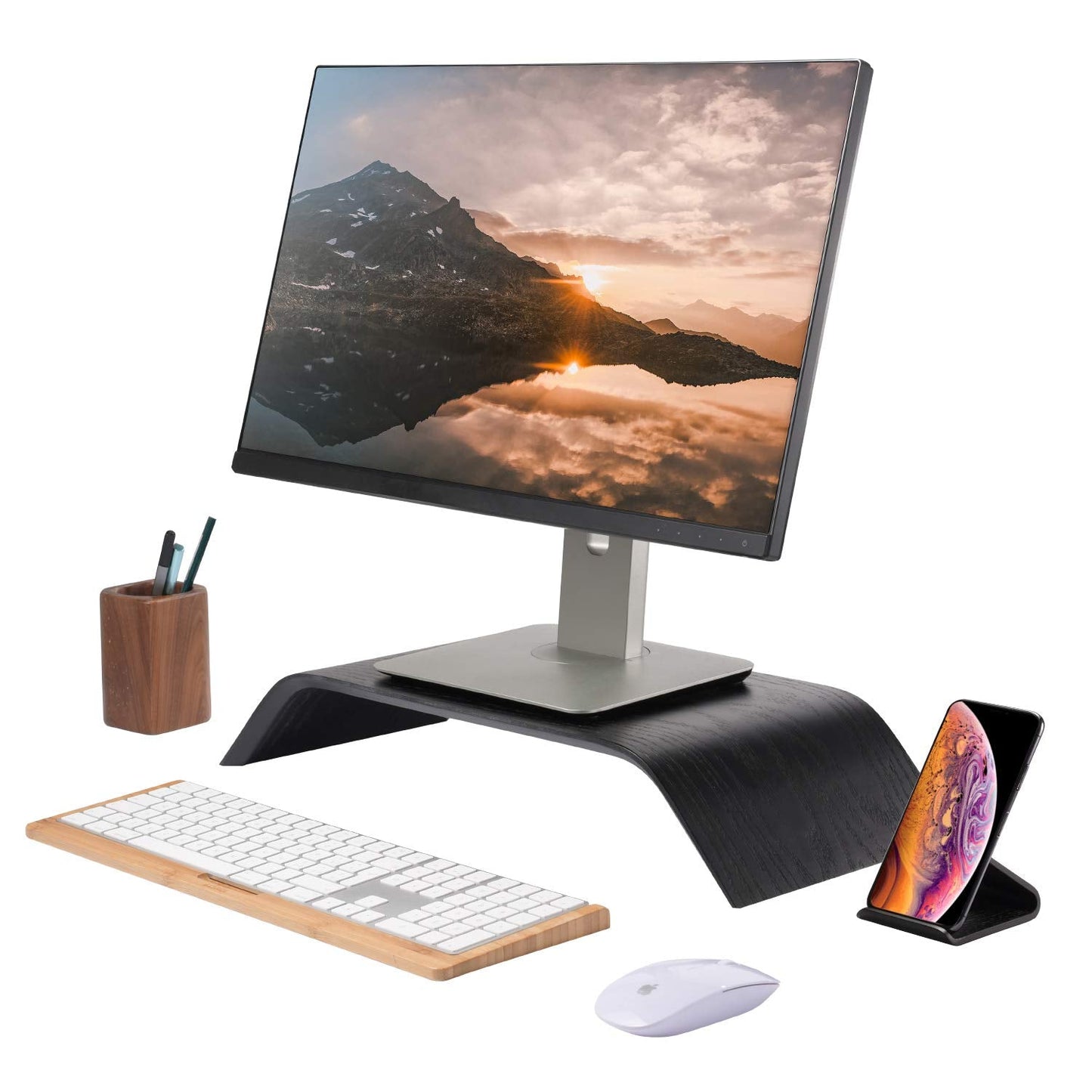 SAMDI Wood Cell Phone Stand for Desk, Fixed Desktop Phone Holder Compatible with iPhone 13 12 11 Plus X XR, LG, Huawei, XiaoMi, Samsung Galaxy S5 S7 S6 and All Phones (Oak Wood Black)