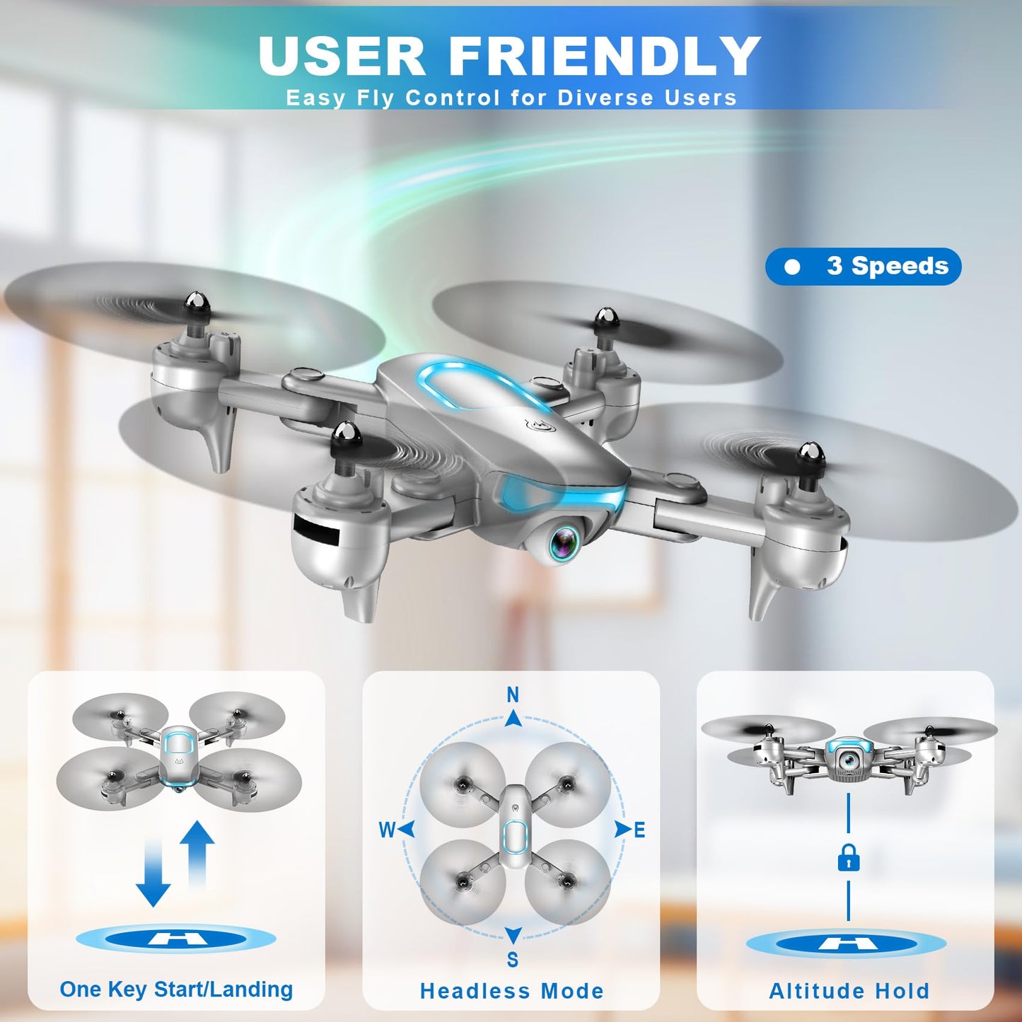 Drone with Camera - Foldable Drone for Begniners with 1080P FPV Camera, Upgrade Altitude Hold, Gestures Selfie, Waypoint Fly, Headless Mode, 3D Flip, One Key Start, 3 Speed Mode, Circle Fly, 2 Batteries
