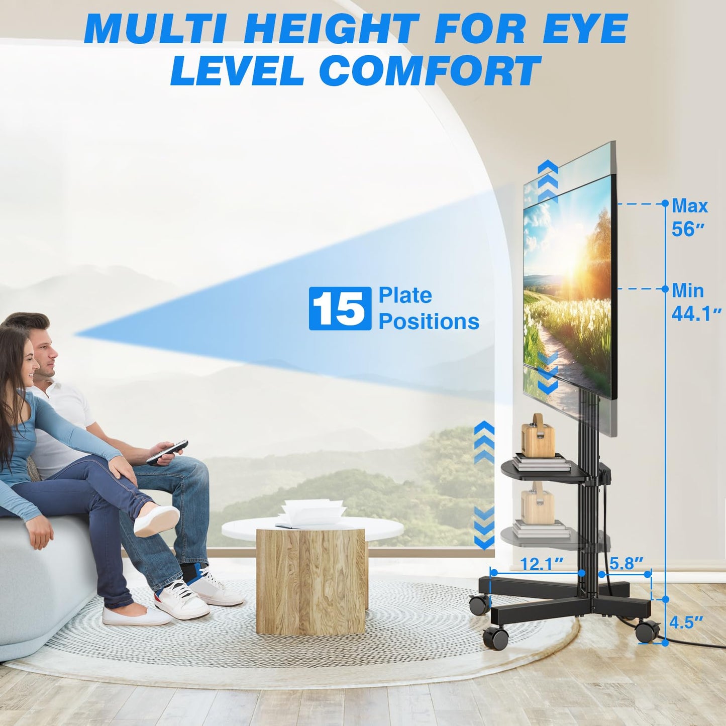 Rfiver Mobile TV Cart Rolling TV Stand with Power Outlet for 32-75 Inch Screens, Portable TV Stand on Wheels with Height Adjustment, Outdoor TV Mount Stand with Shelf Holds up to 88lbs for Home Office