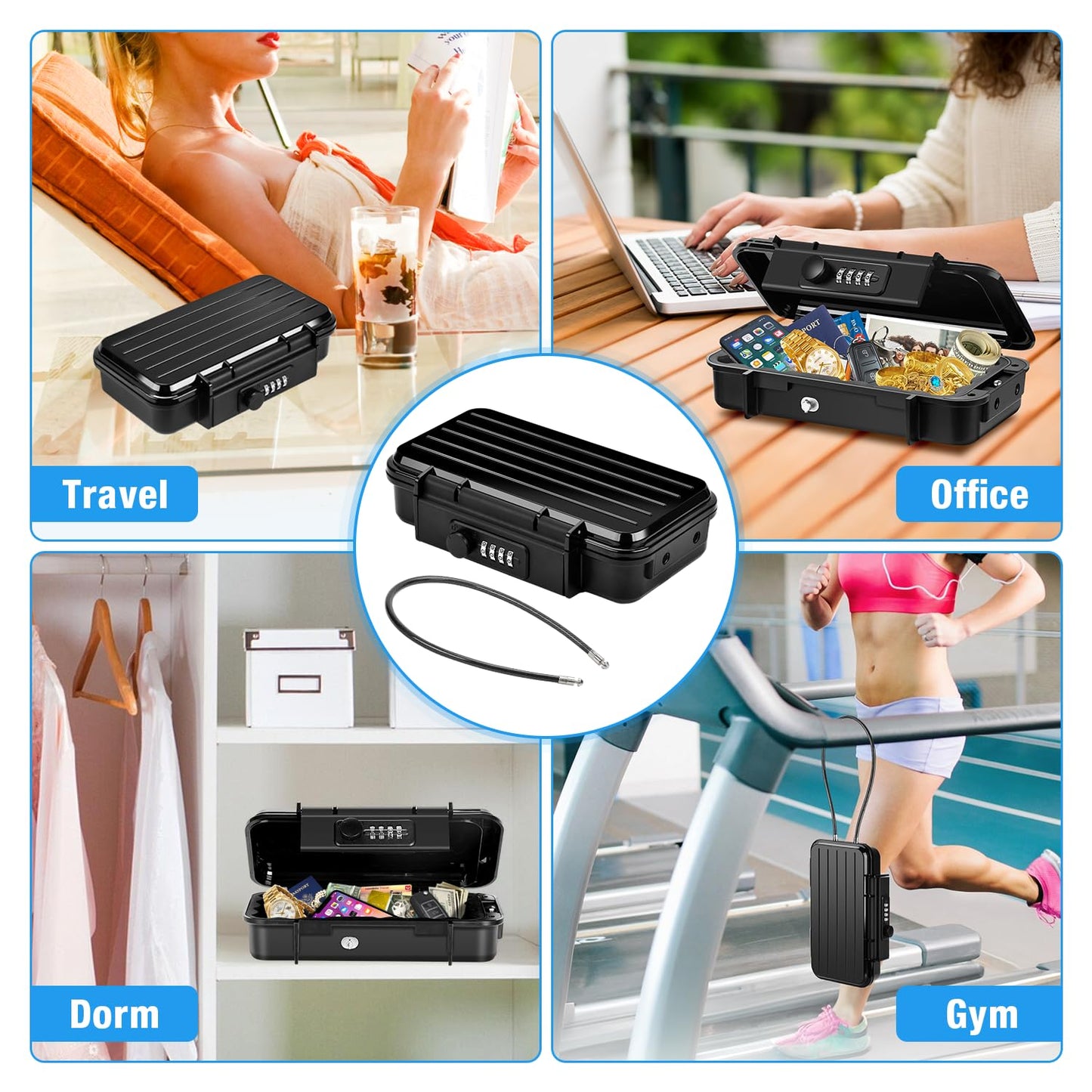 TEUEN Portable Safe Box, Waterproof Anti-Theft Beach Travel Safe Box Combination Security Lockbox with Removable Wire Rope Portable Lock Box for Dorm, Hotel, Home, Office, Car