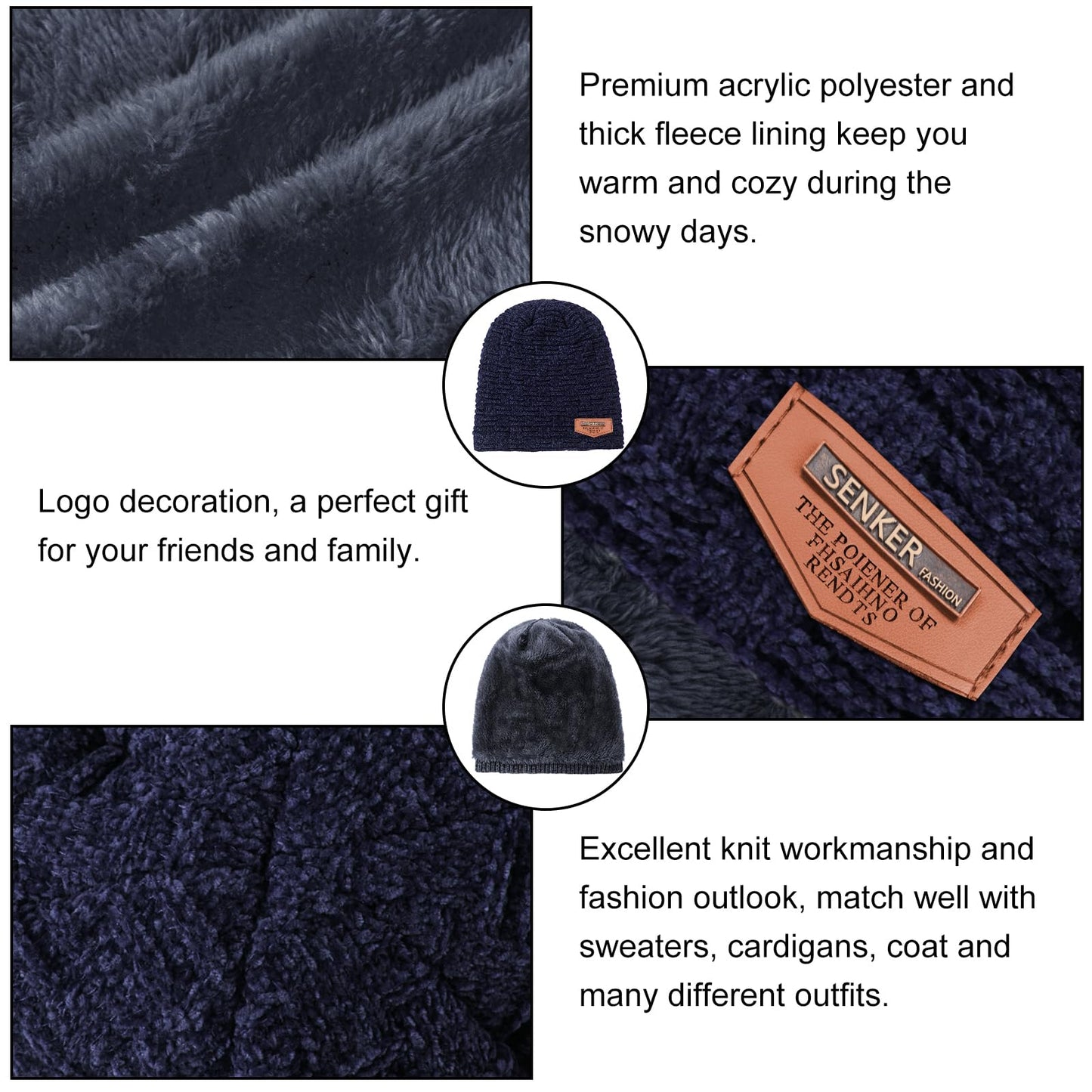 3 Pieces Winter Hat Scarf and Gloves Set for Men and Women, Knit Slouchy Beanie Cap Neck Warmer Screen - Touch Texting Gloves Navy