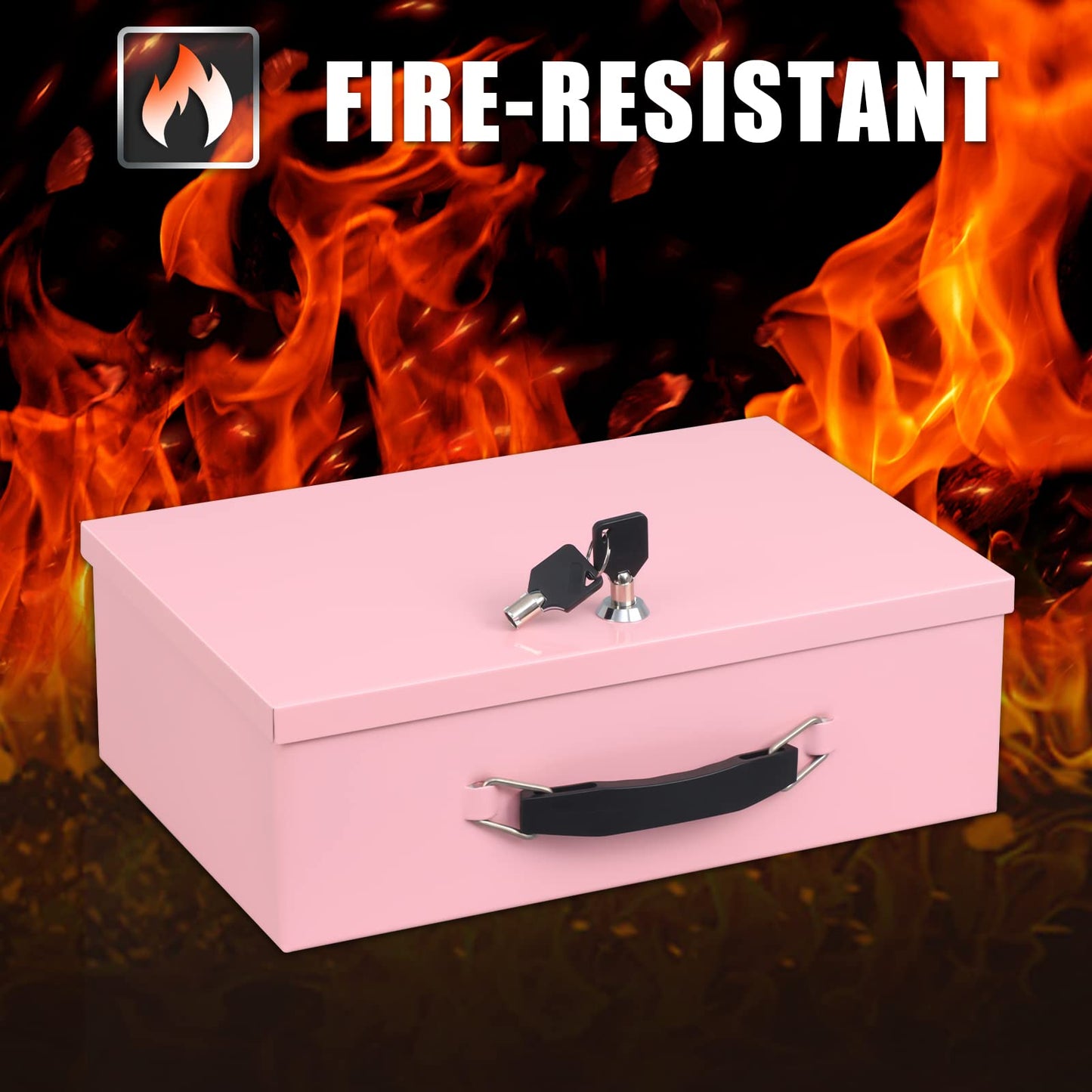 xydled Fire Resistant Safe Fire Safe Box with Key Lock for Home Office Security Storage for Valuables Documents,12.8 x 8.5 x 4.5 Inch,Pink