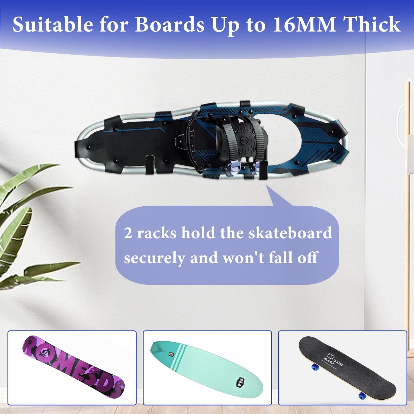 ZWIN 4Pcs Horizontal Snowboard Wall Mount Clips, Horizontal Snowboard Wall Rack Hanger Holders Storage Skateboard Wall Mount Display Rack for Room Garage Business