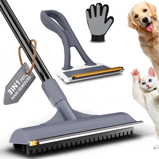 3 in 1 Carpet rake Kit for Pet Hair Removal Tool - Reusable Pet Hair Remover Broom w 58" Adjustable Long Handle, Dog & Cat Carpet Scraper, Pet Hair Remover for Rugs, Mats, Couch, Curtains(Gray)