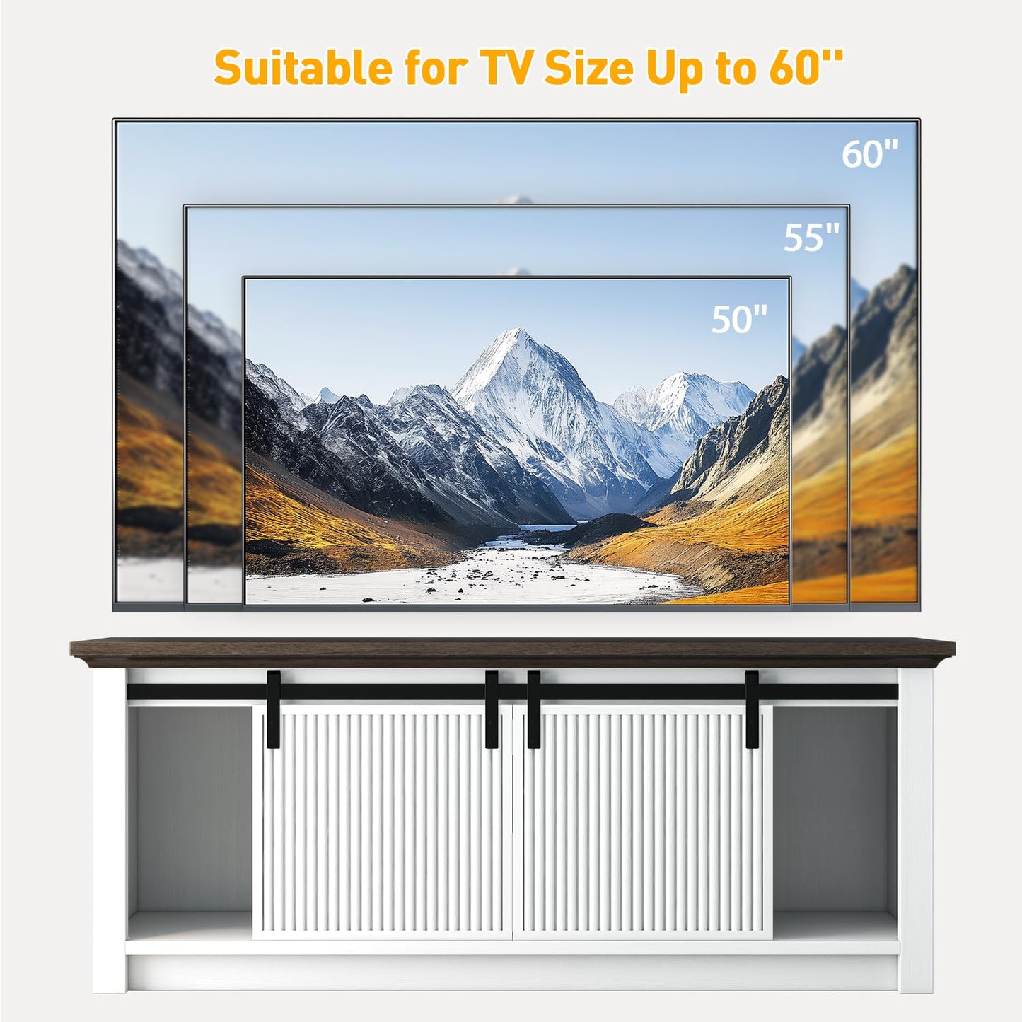 Fluted TV Stand for 60 Inch TV, 21" Tall Entertainment Center with Sliding Door and Storage Cabinets, Modern Media Console for Bedroom & Living Room, Television Stand for 55, 50", White