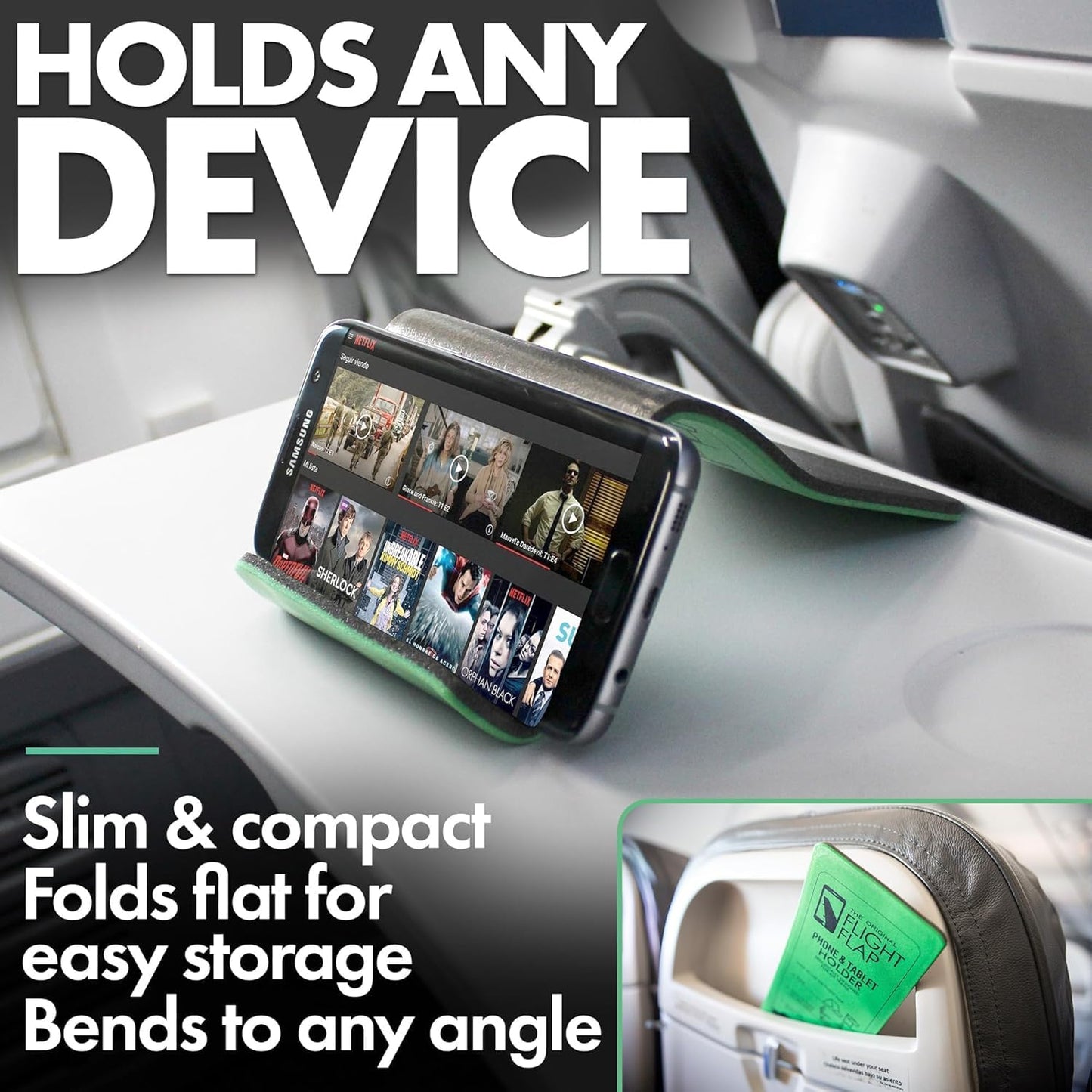 Flight Flap Airplane Phone Holder, Flexible Cell Phone Holder, Folding Cellphone Stand for Desk, Bed, Office, Treadmill - Airplane Accessories Long Flight Travel - Plane Essentials (Original Green)