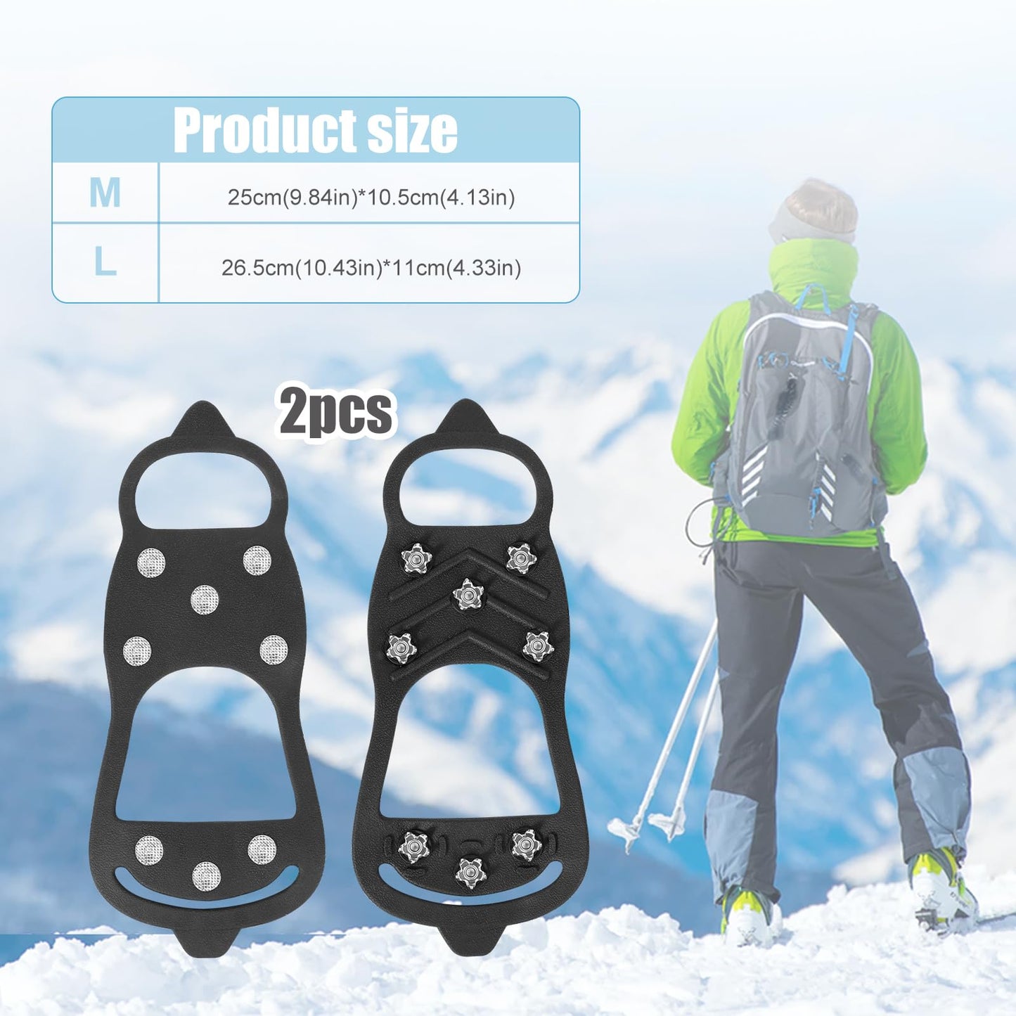 2 Pairs Crampons Spikes, Ice Cleats Non Slip Gripper Spikes with 8 Steel Studs Traction Cleats Grips for Boots Shoes Climbing Mountaineering Hiking Walking on Ice Snow (M Size)