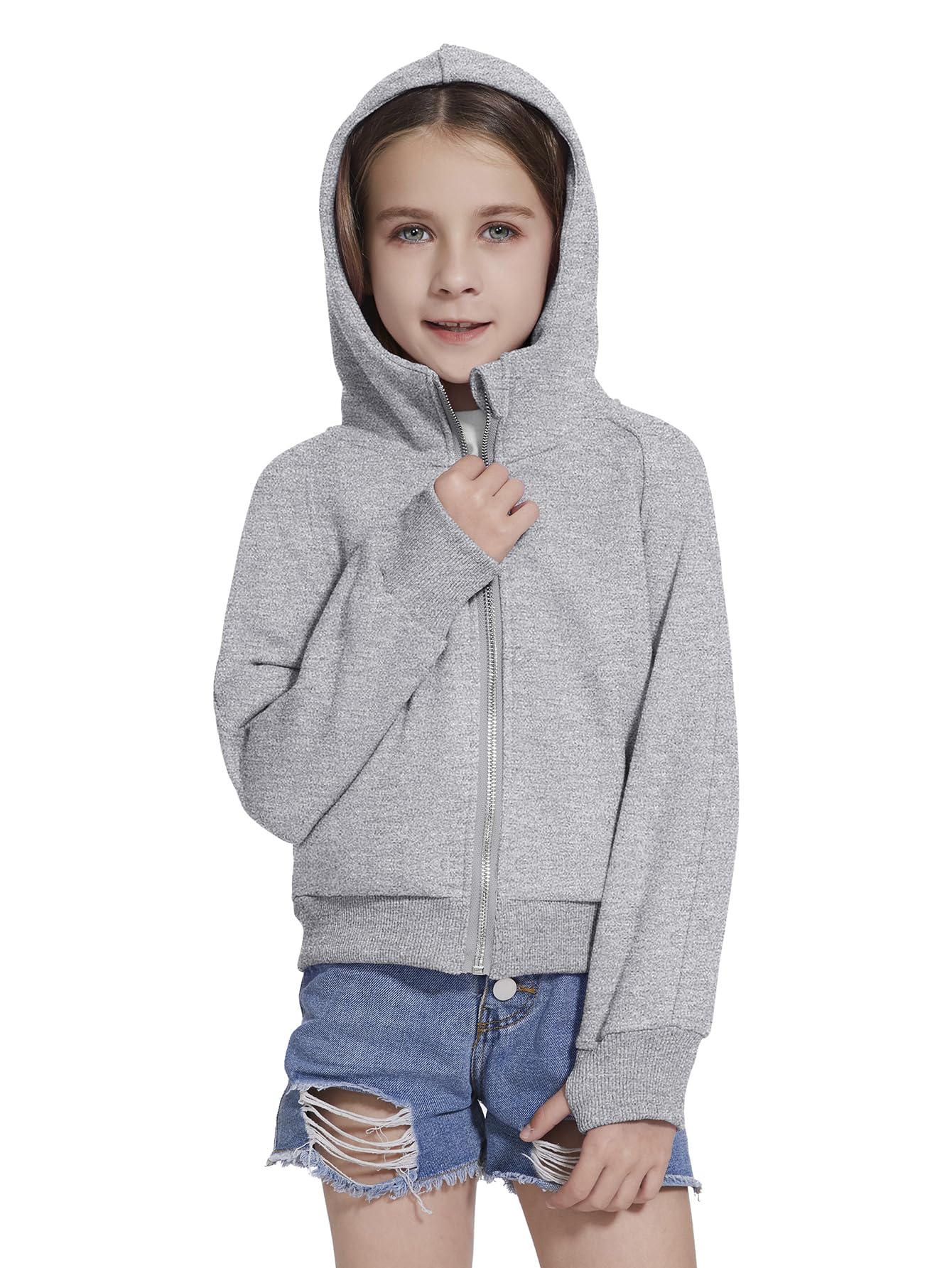 Fdqin Sweatshirt for Girls Zipper Up Cropped Hoodies for Teen Girls Sweatshirts Size 10-12 Winter Clothes Grey 7-8 Years