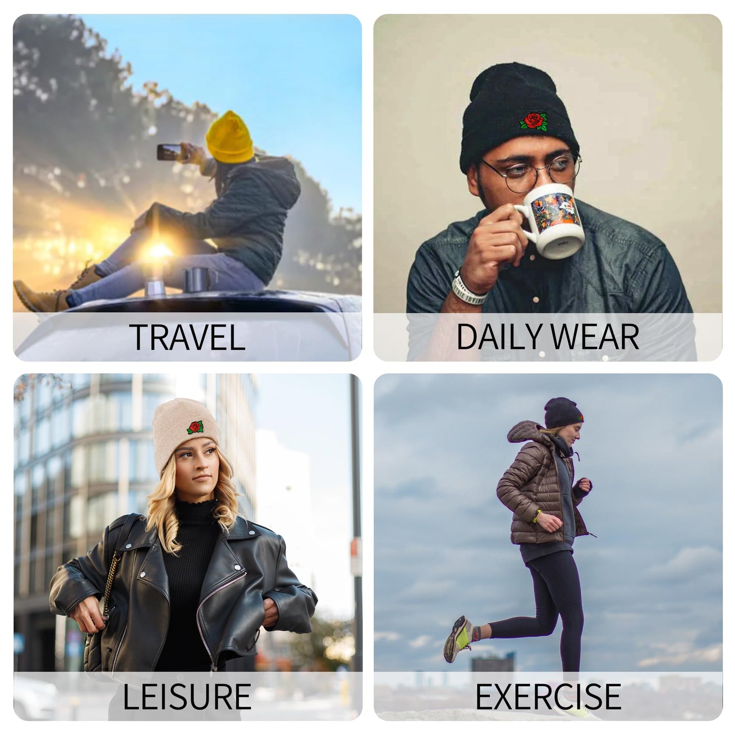 Beanie Hats for Men Unisex Rose Embroidered Women Acrylic Winter Cuffed Knit Warm Ski Hats Green Black